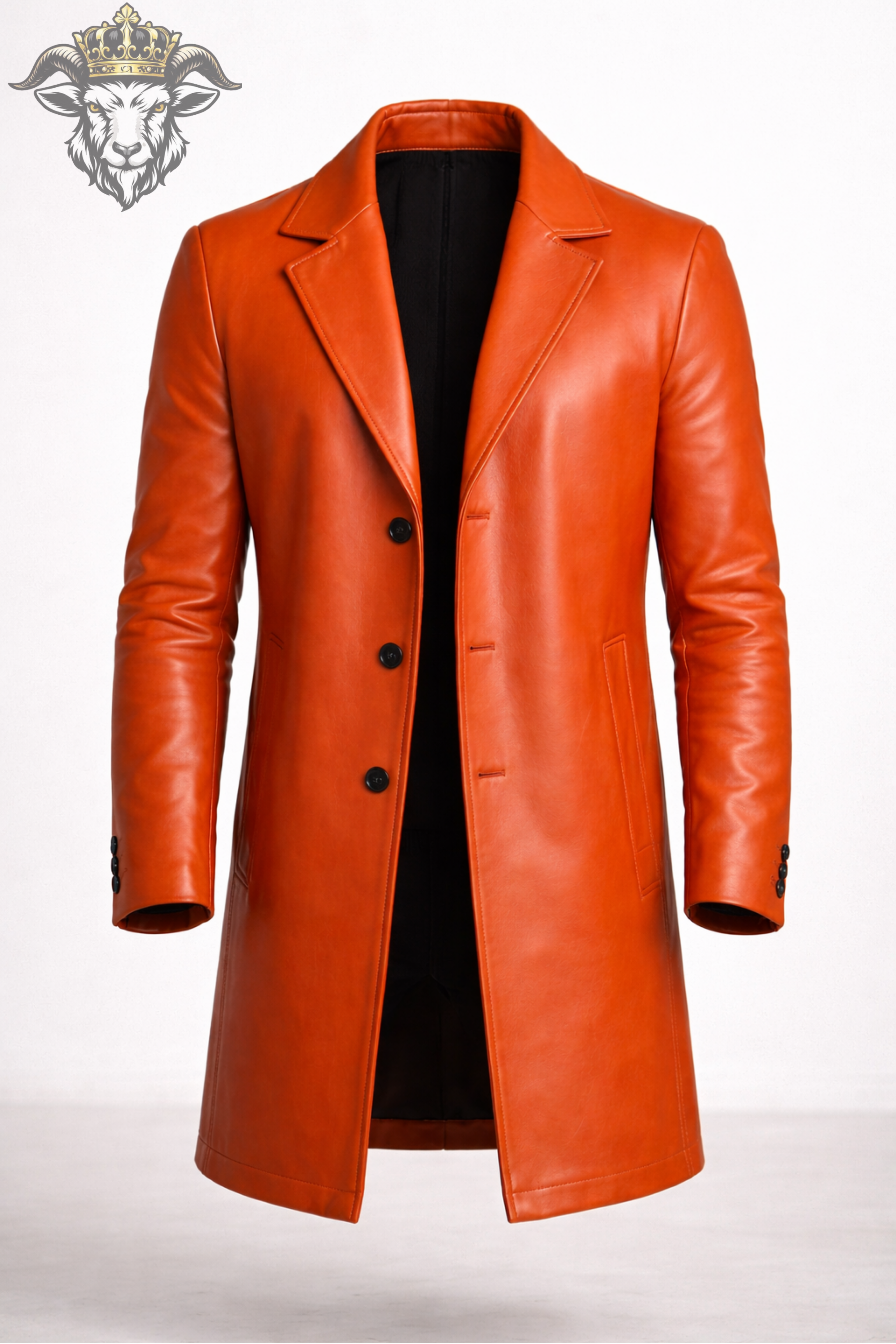 Men’s Orange Real Leather Coat – Mid-Thigh Premium Tailored Overcoat with Matte Finish | Modern Slim Fit Designer Jacket