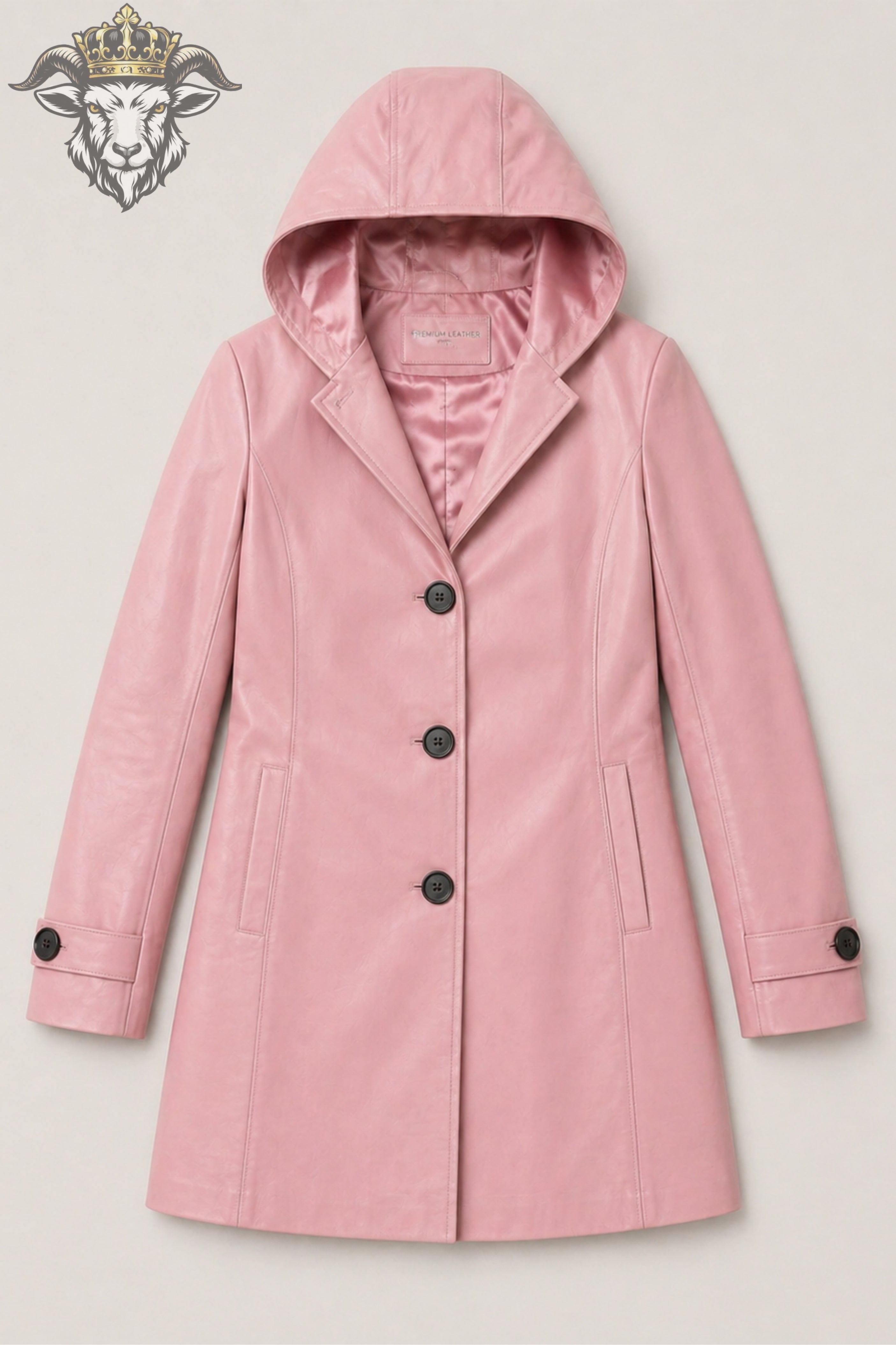 Women’s Pink Real Leather Hooded Coat