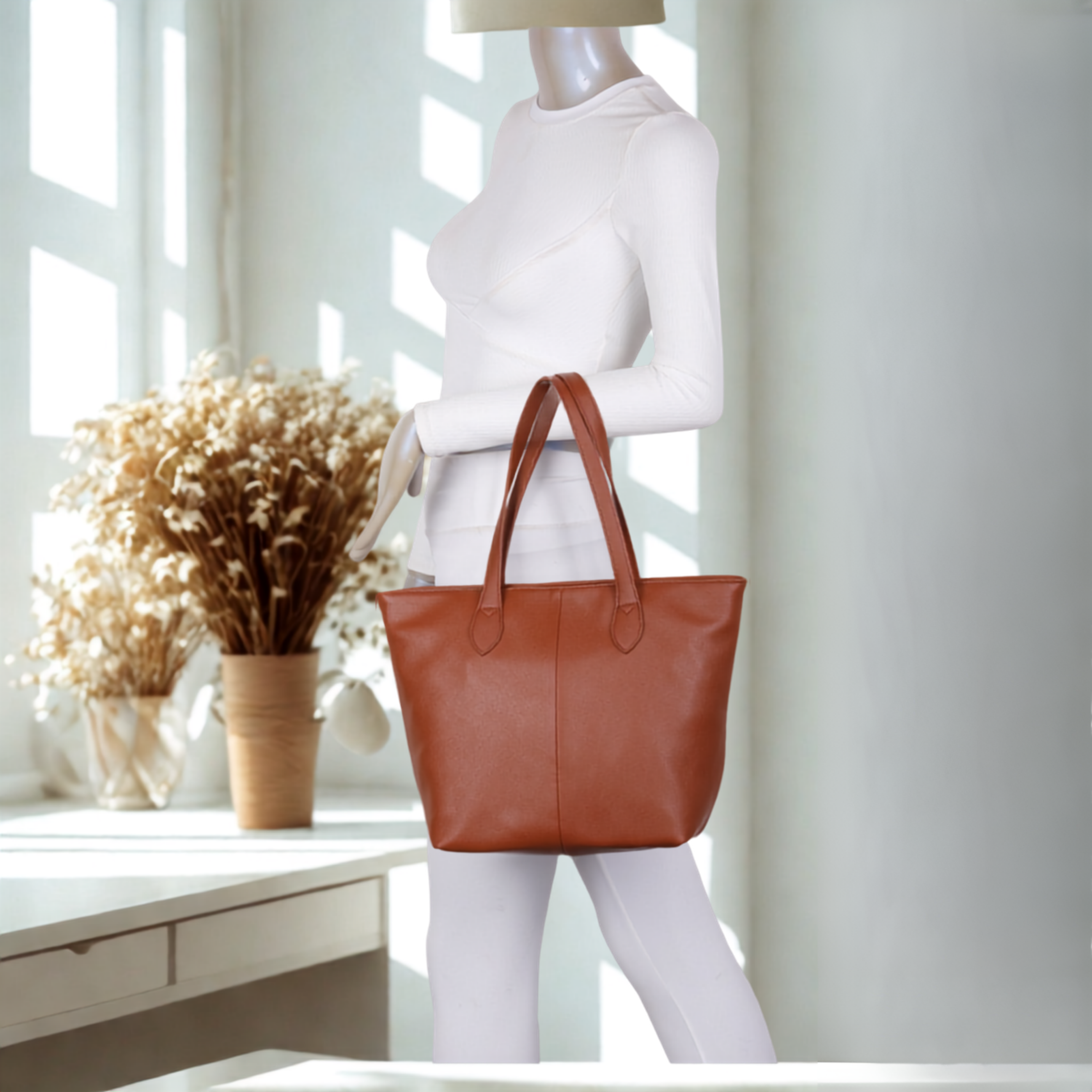 Women’s Large Tote Shoulder Bag Synthetic Handbag with Zip Top & Contrast Straps