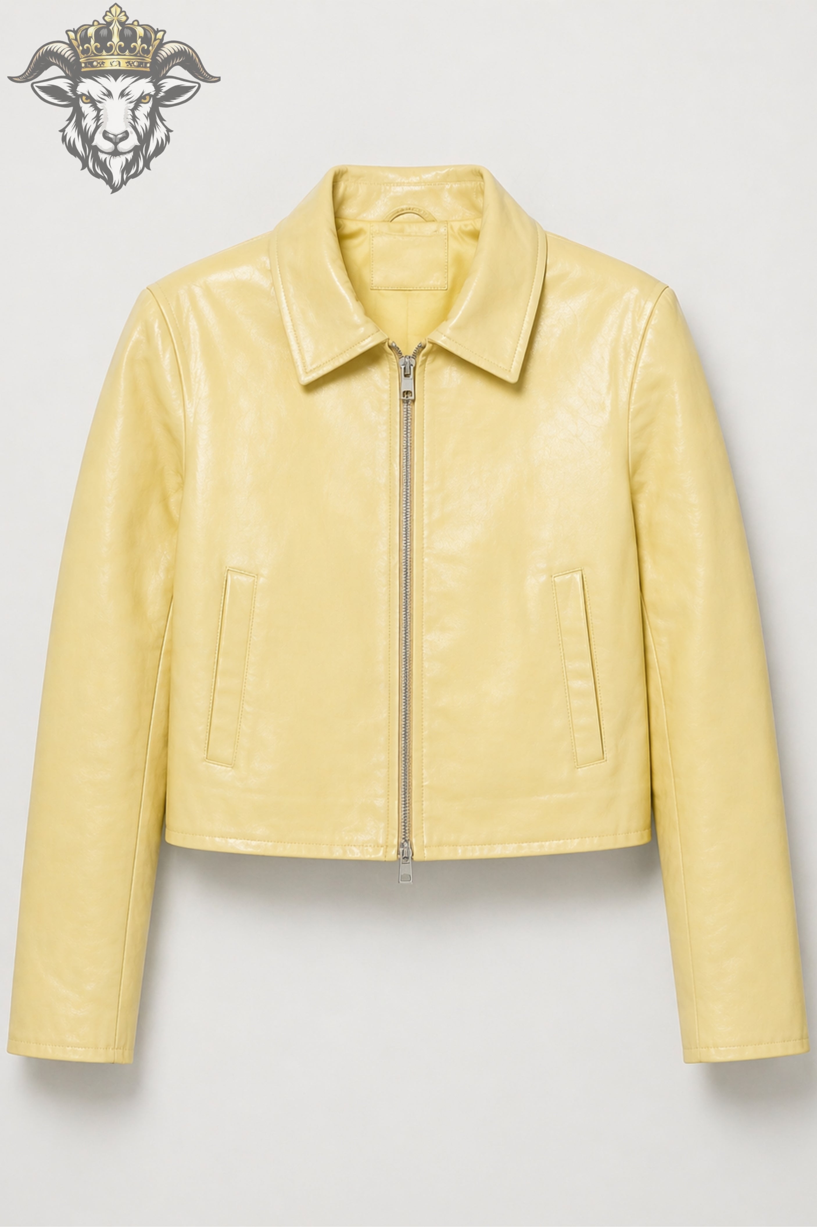 Women’s Pale Yellow Real Leather Cropped Jacket