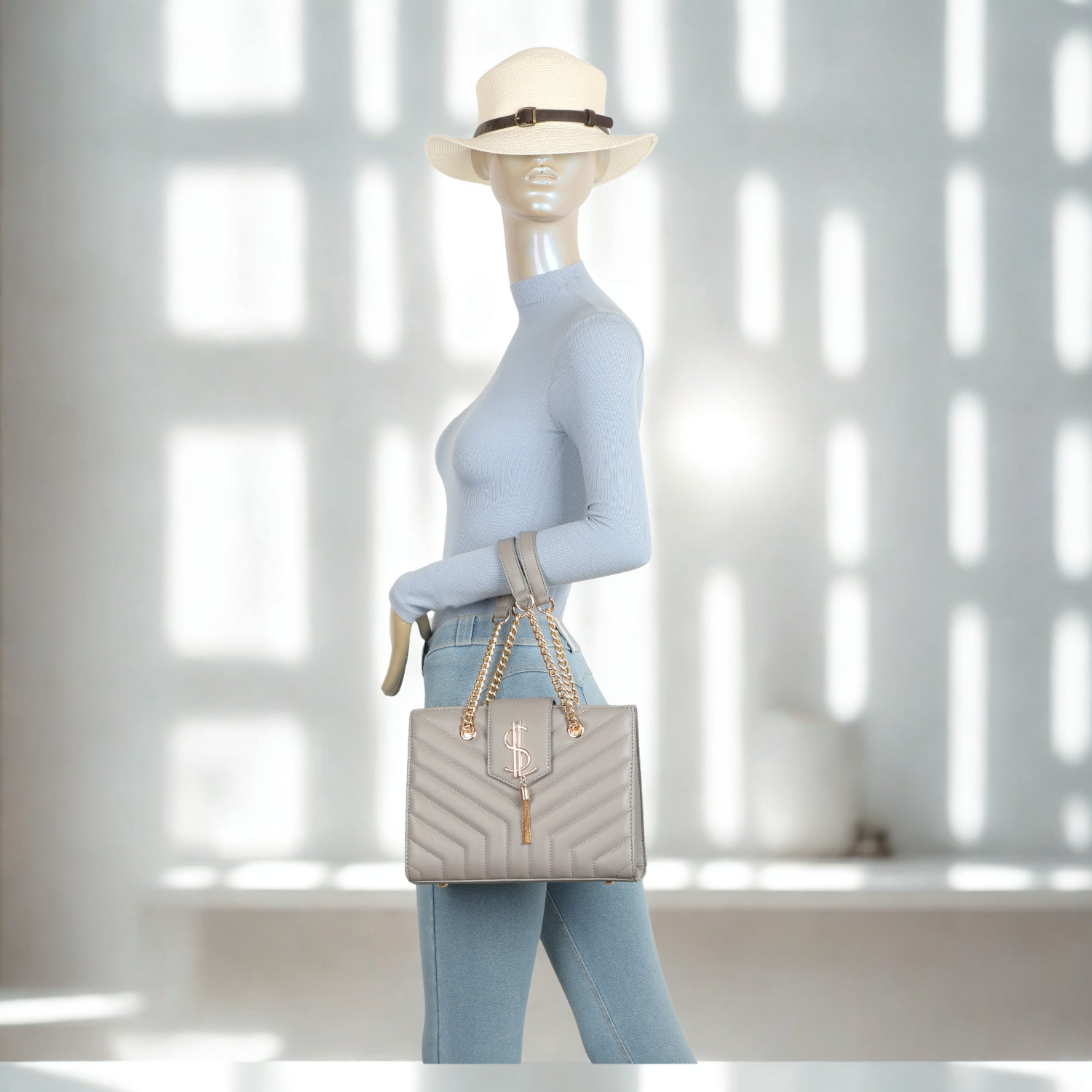 Women’s Quilted Shoulder Bag with Gold Chain Handles, Detachable Crossbody Strap