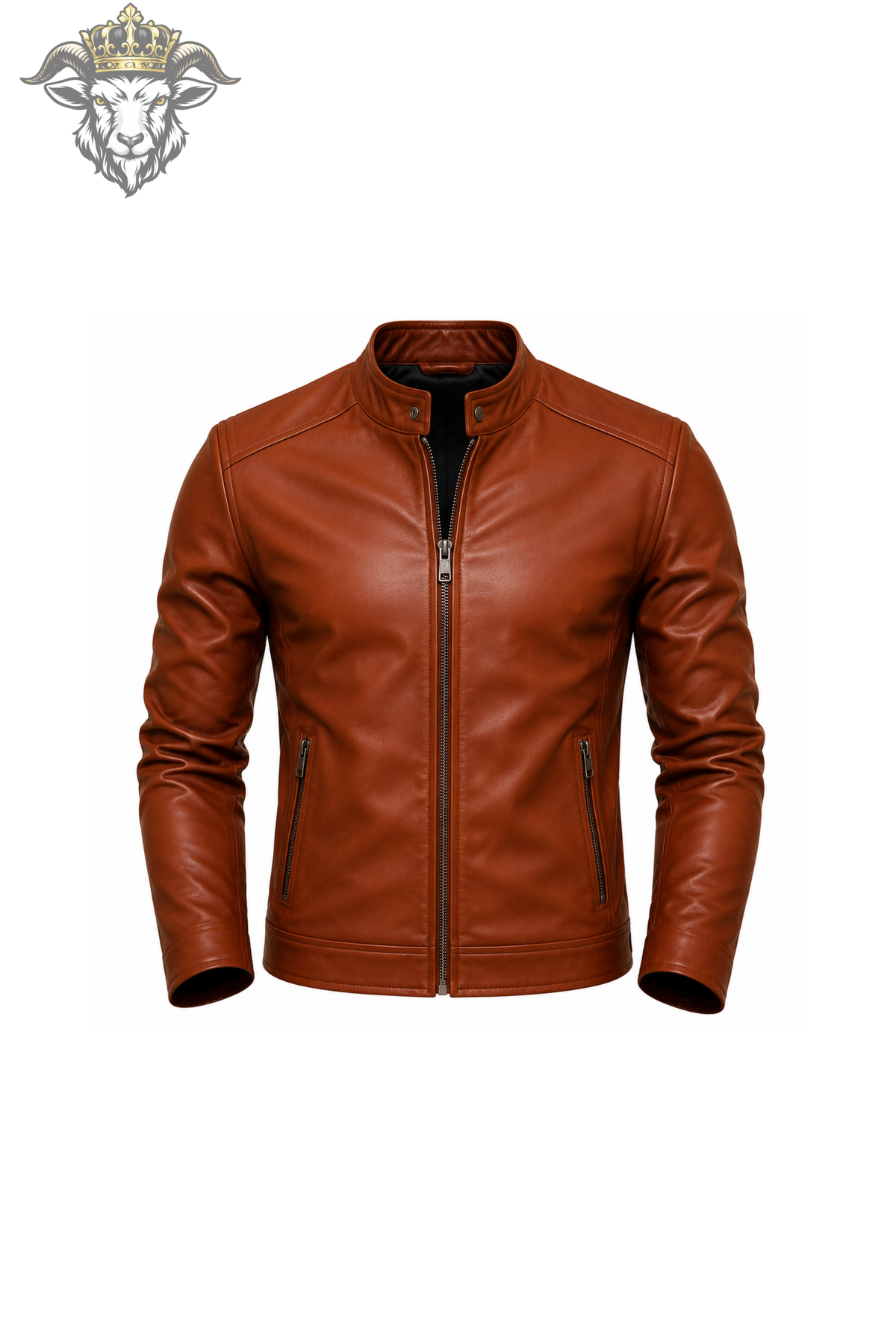 Men's Cognac Brown Leather Jacket – Slim Fit Biker Jacket, Stand Collar Moto Jacket, Casual Men's Leather Coat