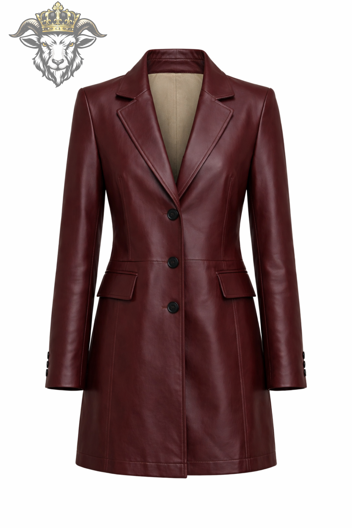 Women's Burgundy Real Leather Trench Coat, Mid Length Tailored Leather Jacket, Elegant Button Front Outerwear, Fall Winter Fashion