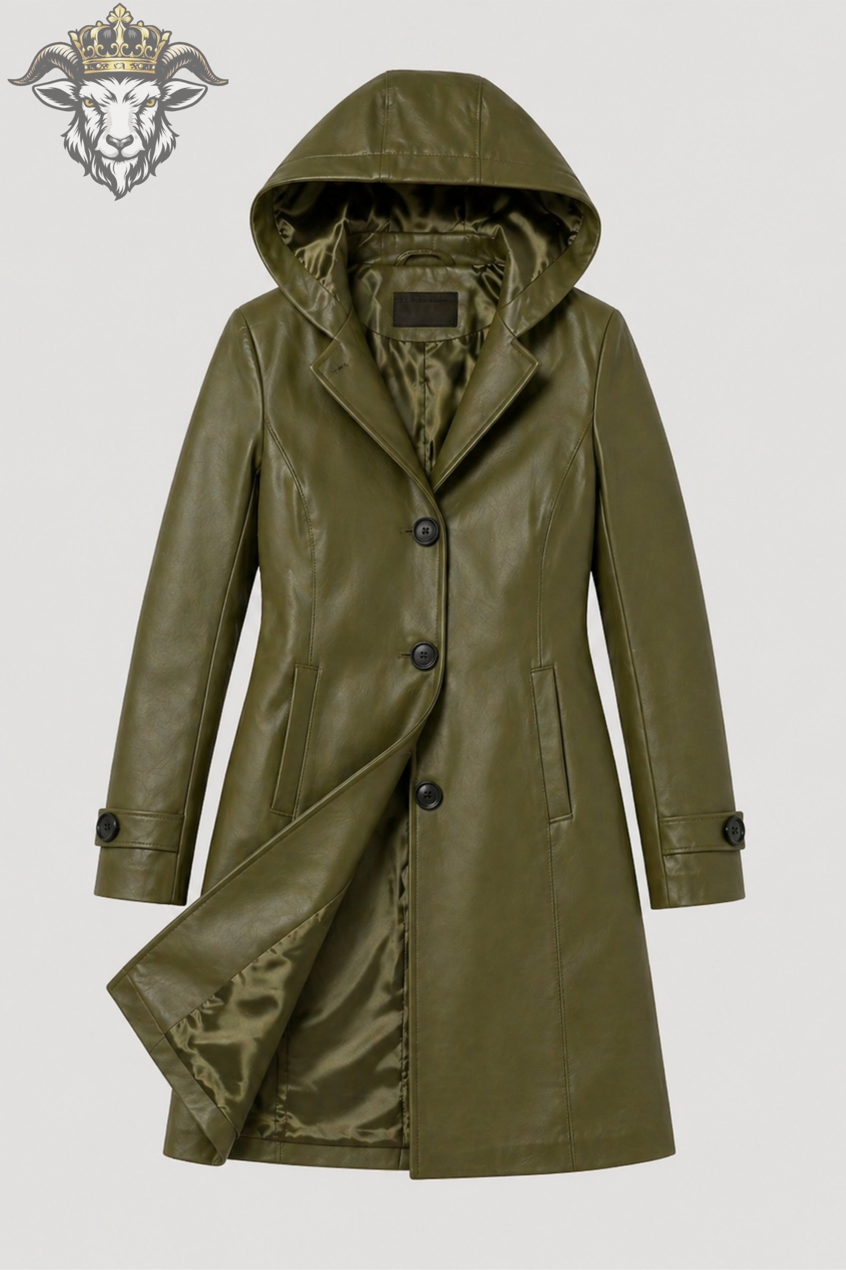 Women’s Olive Green Real Leather Hooded Coat