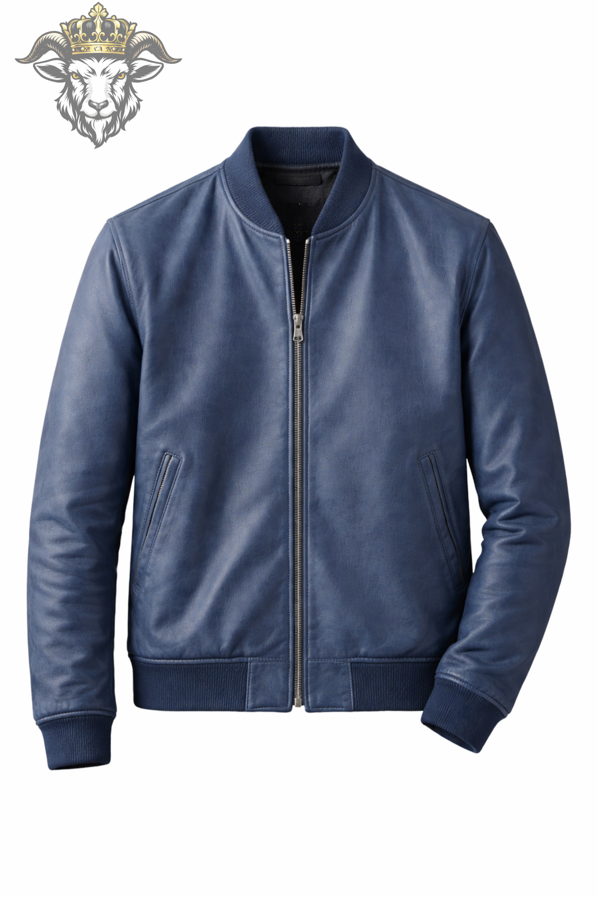 Men's Blue Leather Bomber Jacket, Classic Zip Front Jacket, Ribbed Collar & Cuffs, Modern Casual Streetwear, Stylish Men's Outerwear