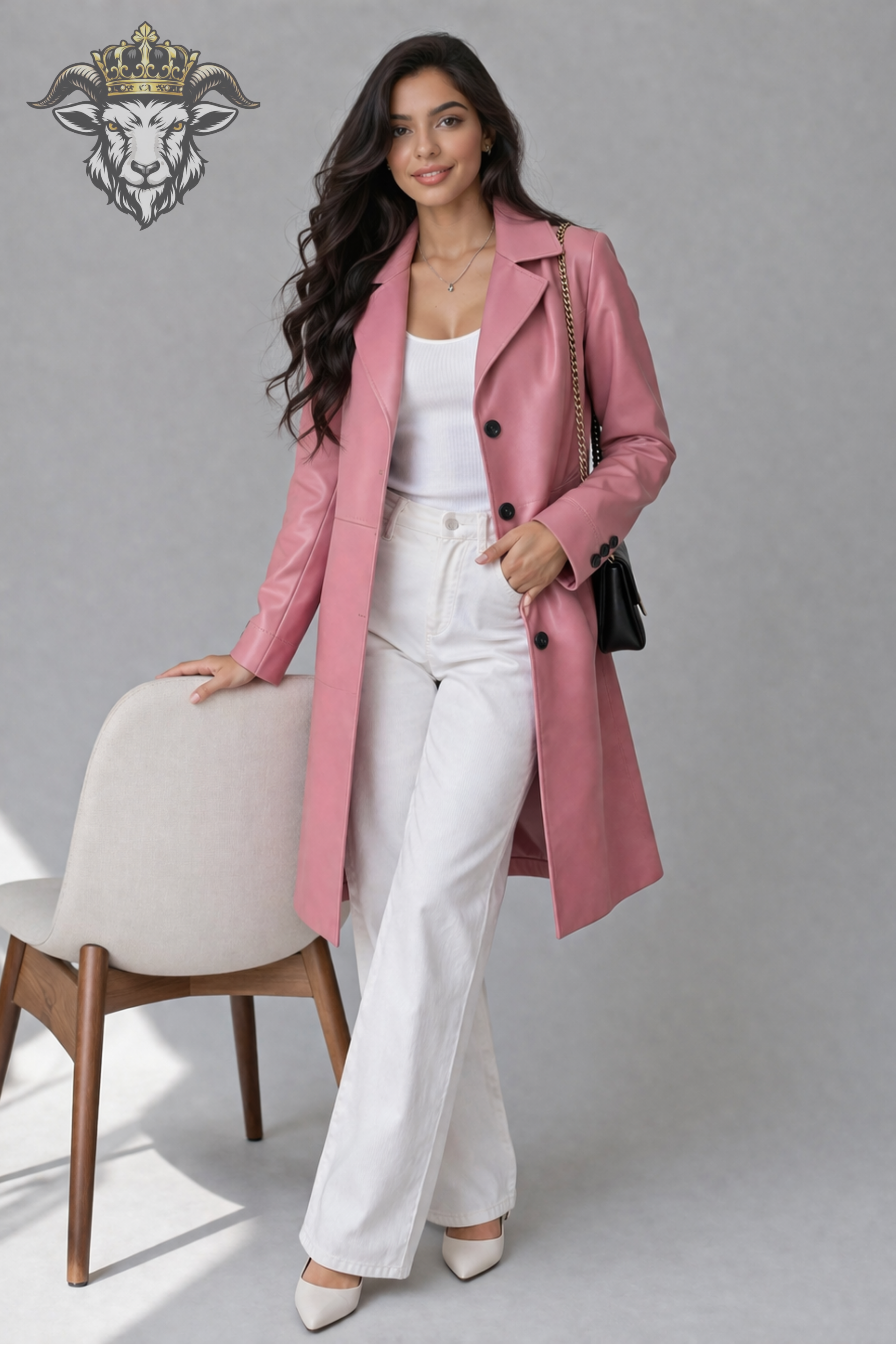 Women’s Pink Real Leather Knee-Length Coat