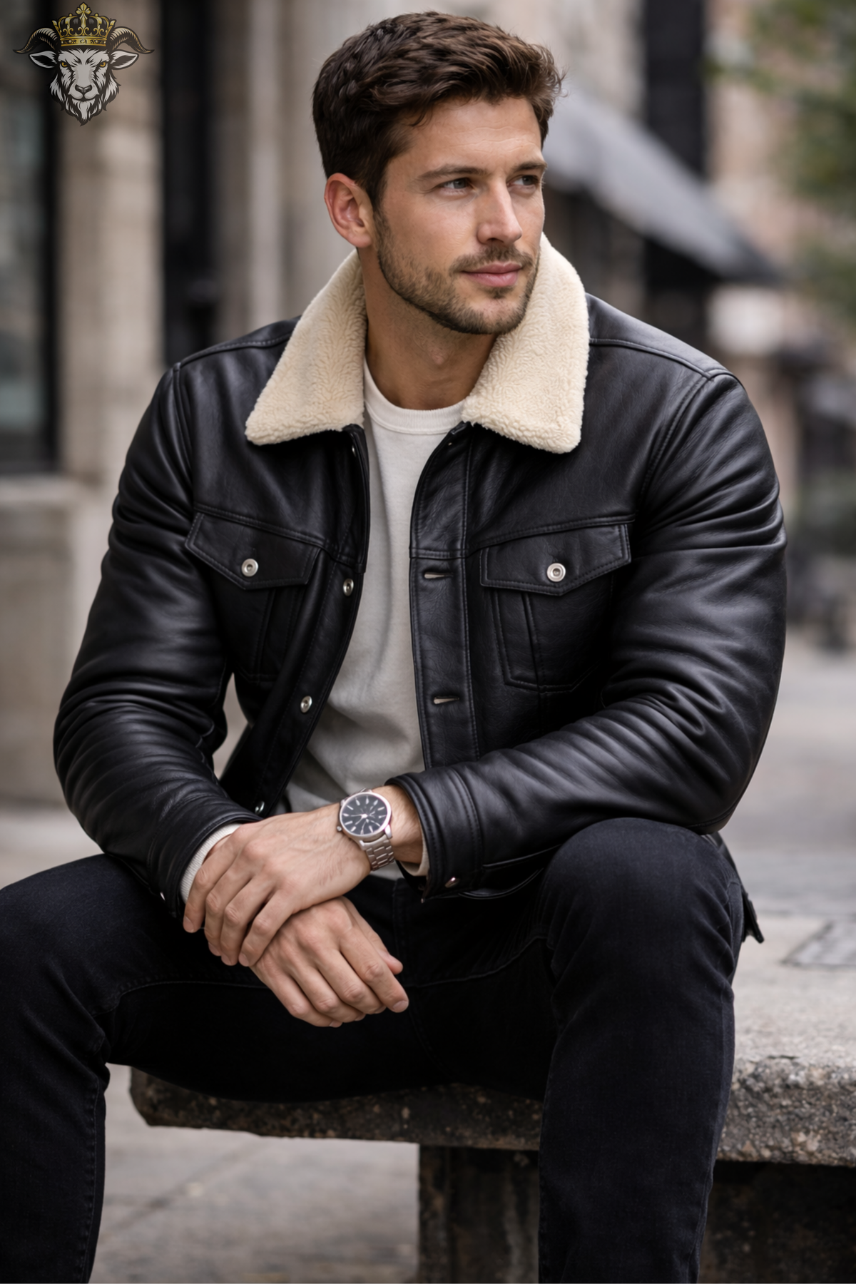 Men’s Black Sheepskin Leather Jacket, Shearling Collar Trucker Jacket, Real Leather Winter Coat, Button Front Biker Style Jacket