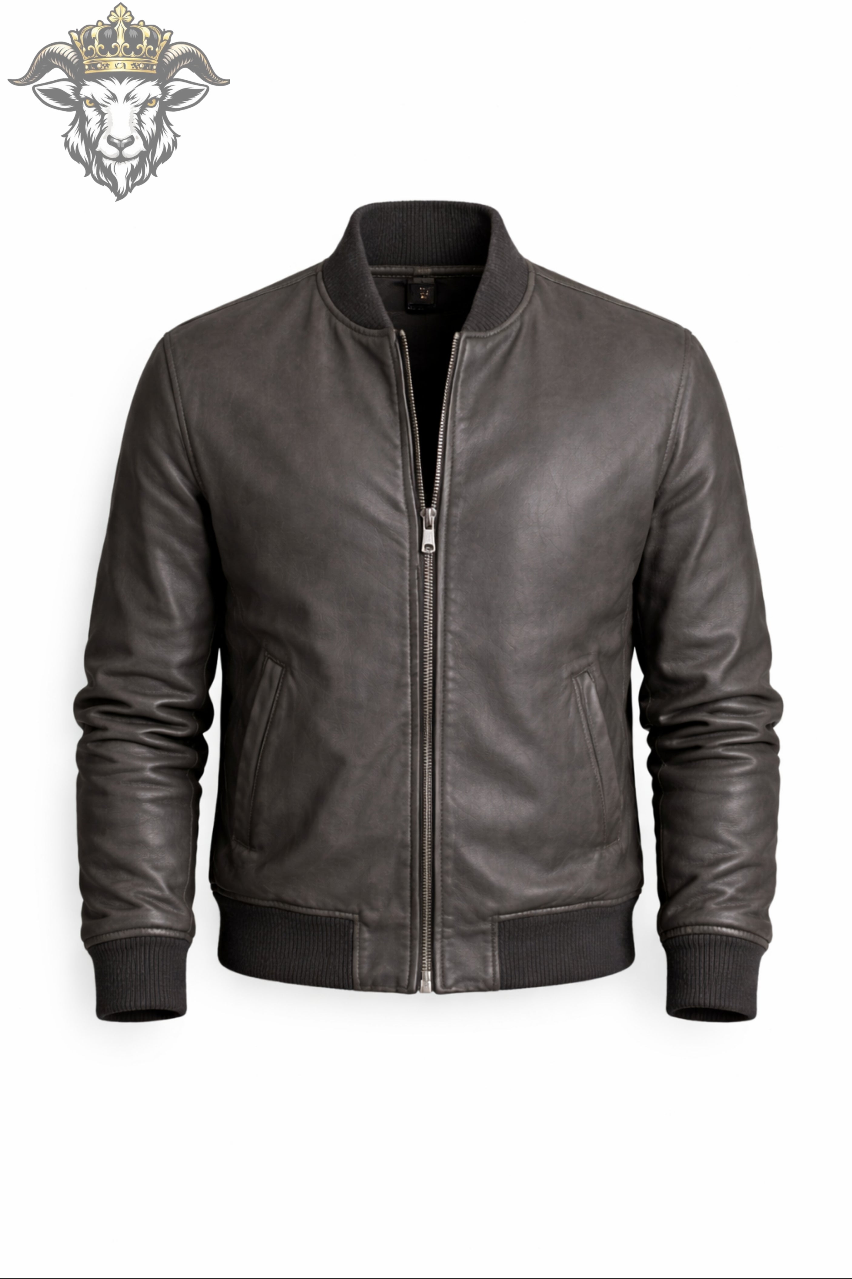 Men’s Grey Real Leather Bomber Jacket