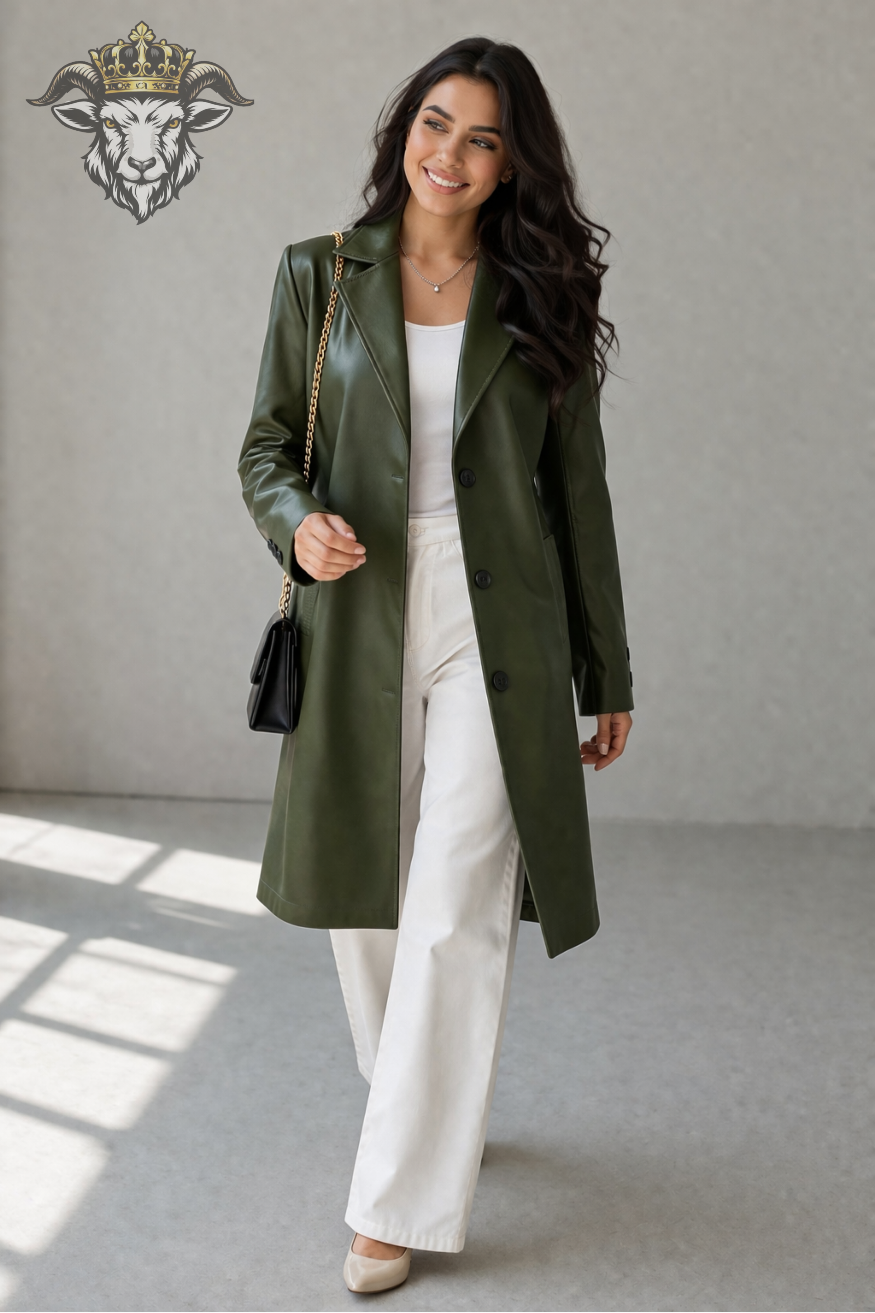 Women’s Green Real Leather Knee-Length Coat