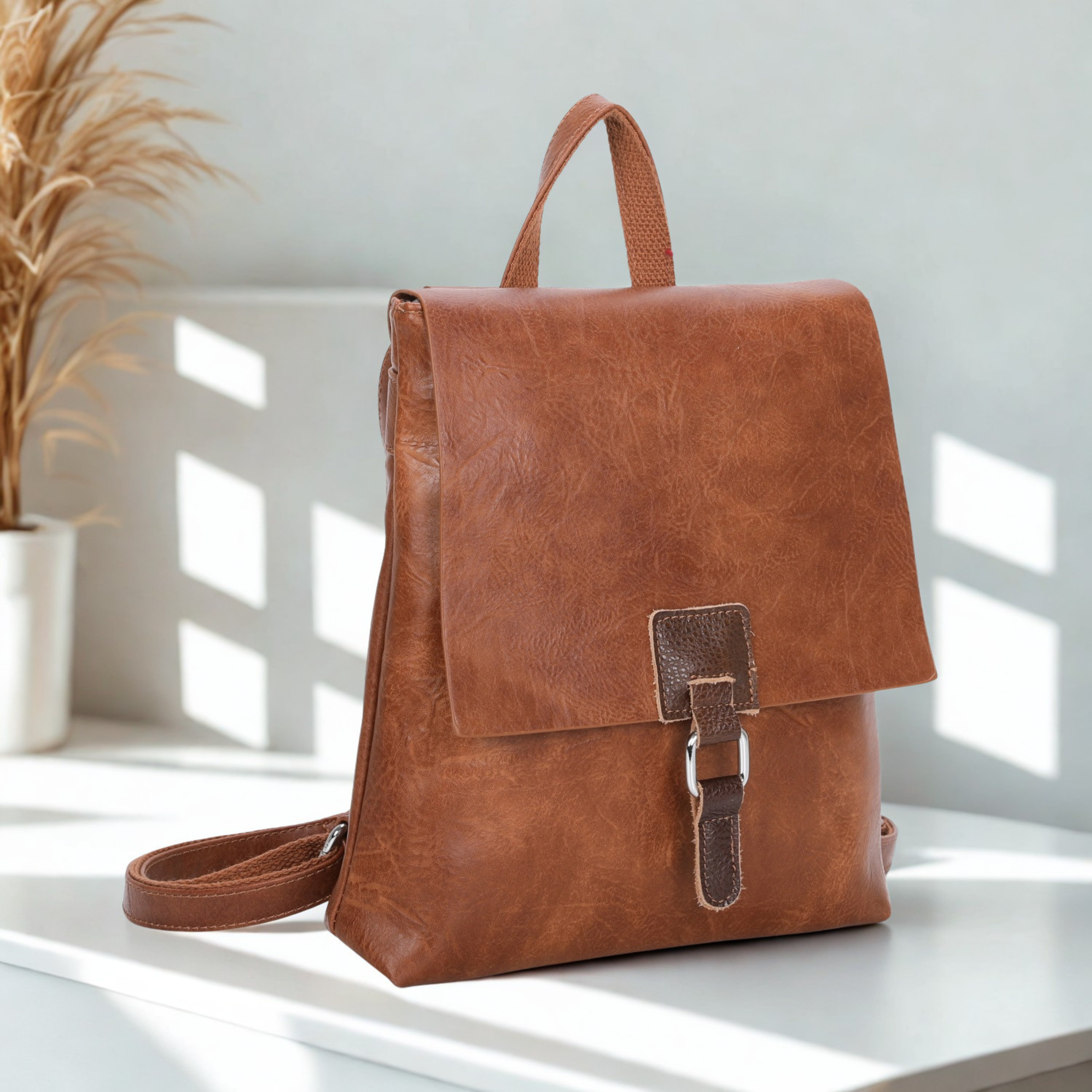 Ladies Flap Over Backpack Handbag, Synthetic Leather Trim Rucksack Shoulder Bag
