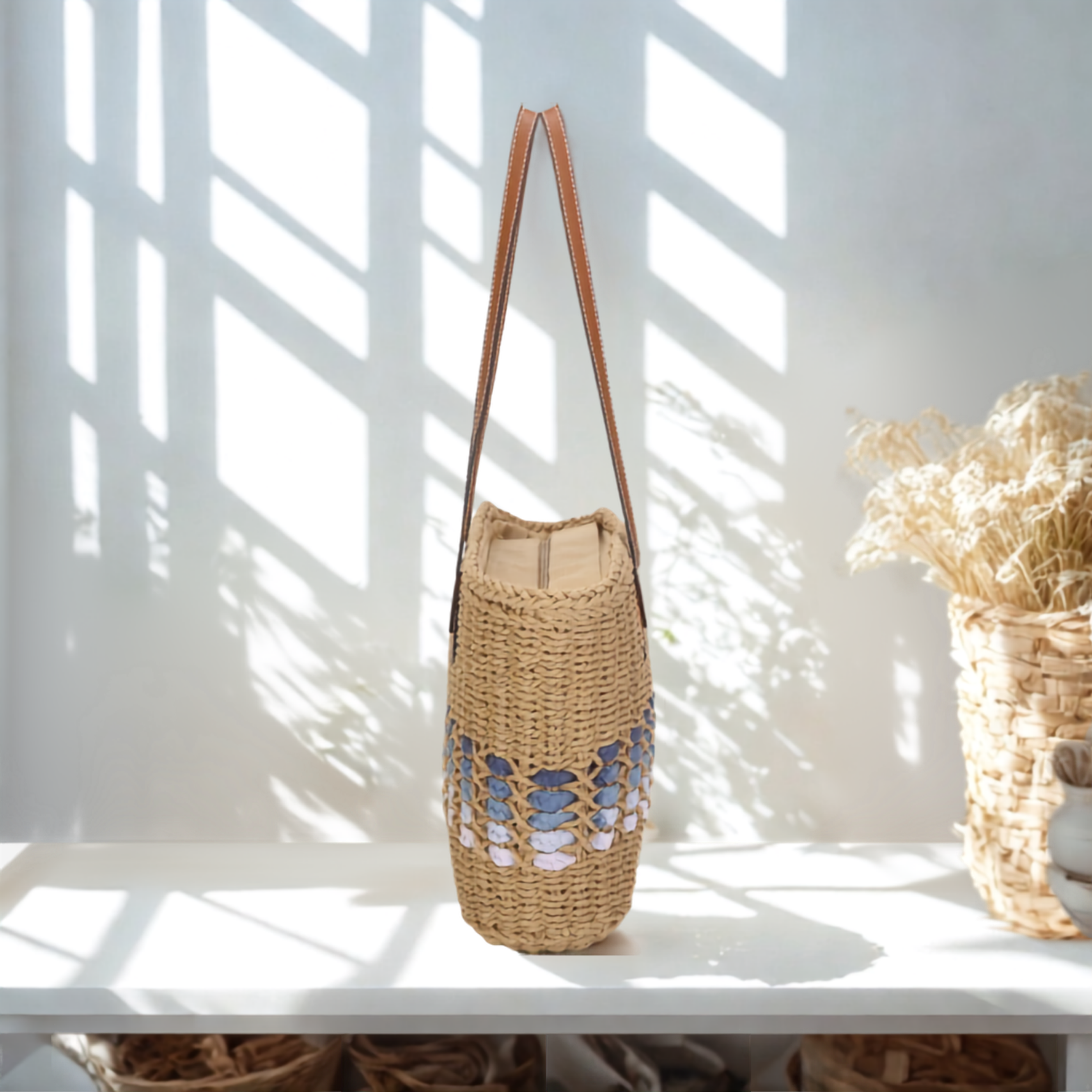 Women’s Straw Tote Bag – Large Summer Beach Handbag, Silver Tone Hardware & Interior Pocket
