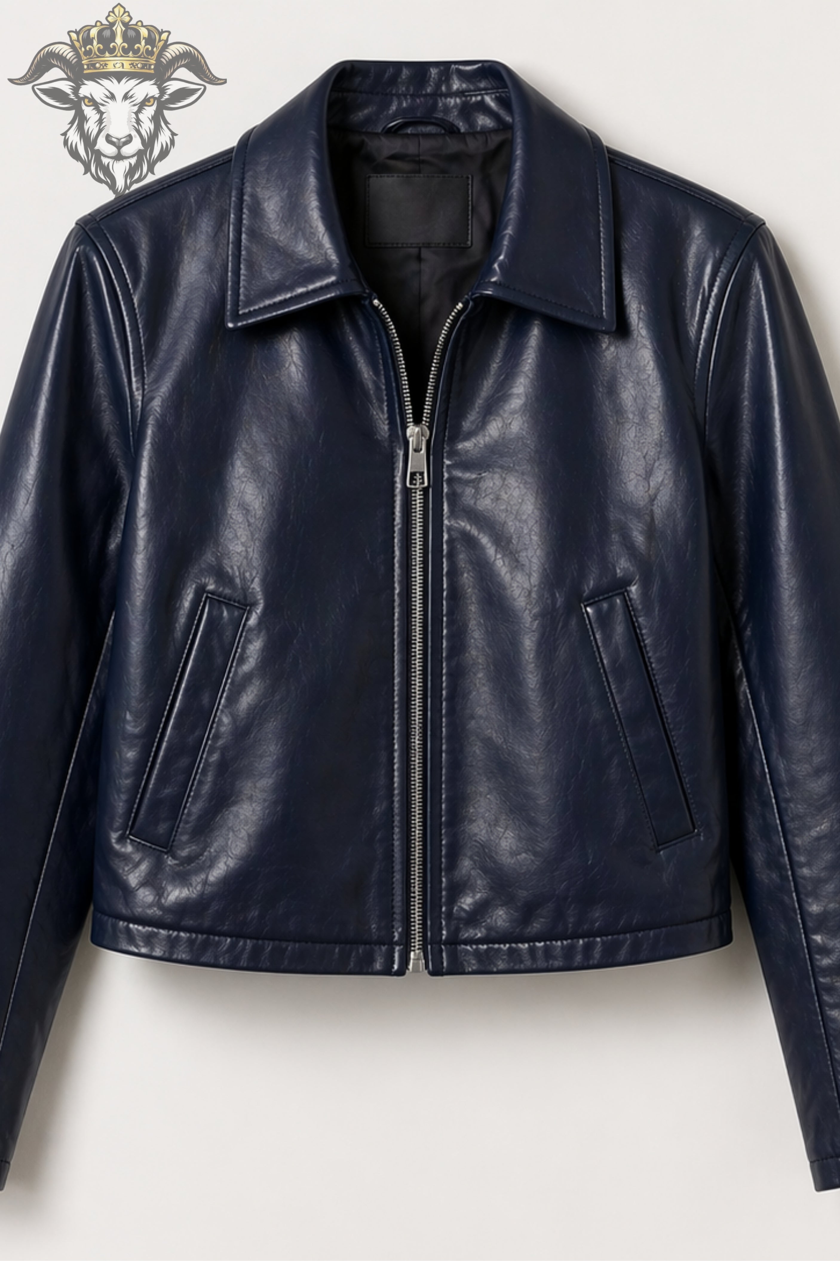 Women’s Navy Blue Real Leather Cropped Jacket