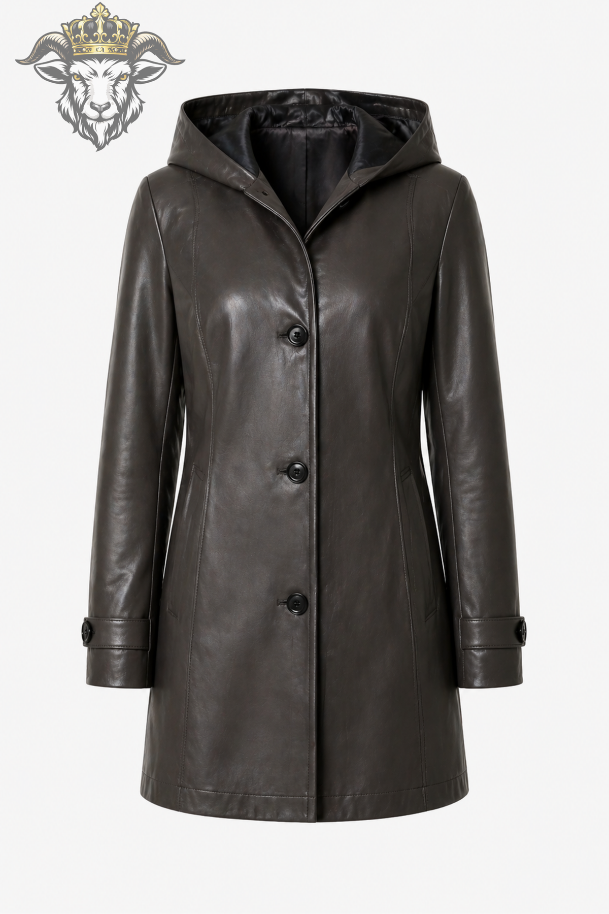 Women's Dark Gray Hooded Leather Coat, Tailored Mid Length Jacket, 3 Button Minimalist Outerwear, Satin Lined Winter Coat