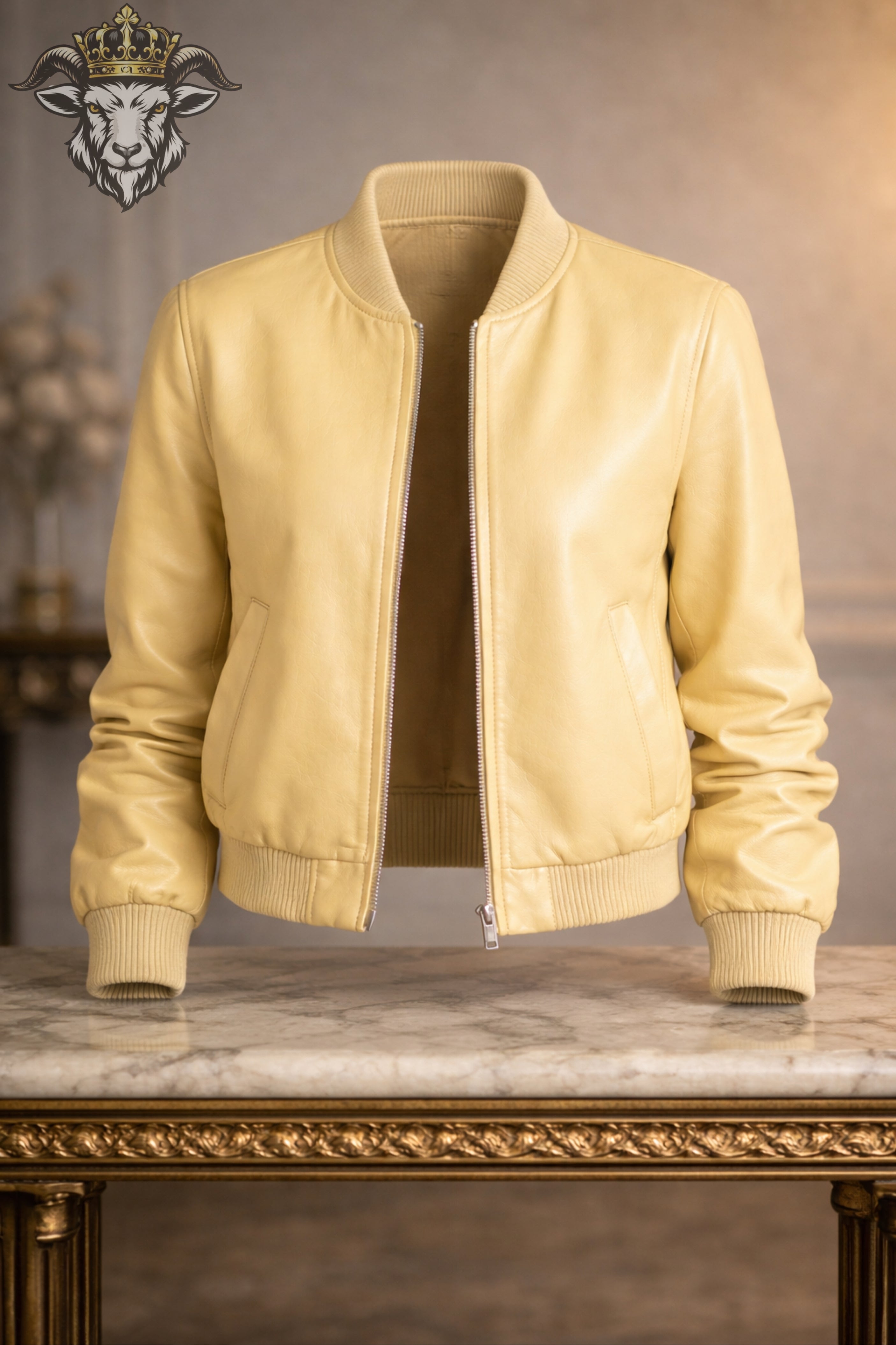 Women’s Pale Yellow Real Leather Bomber Jacket