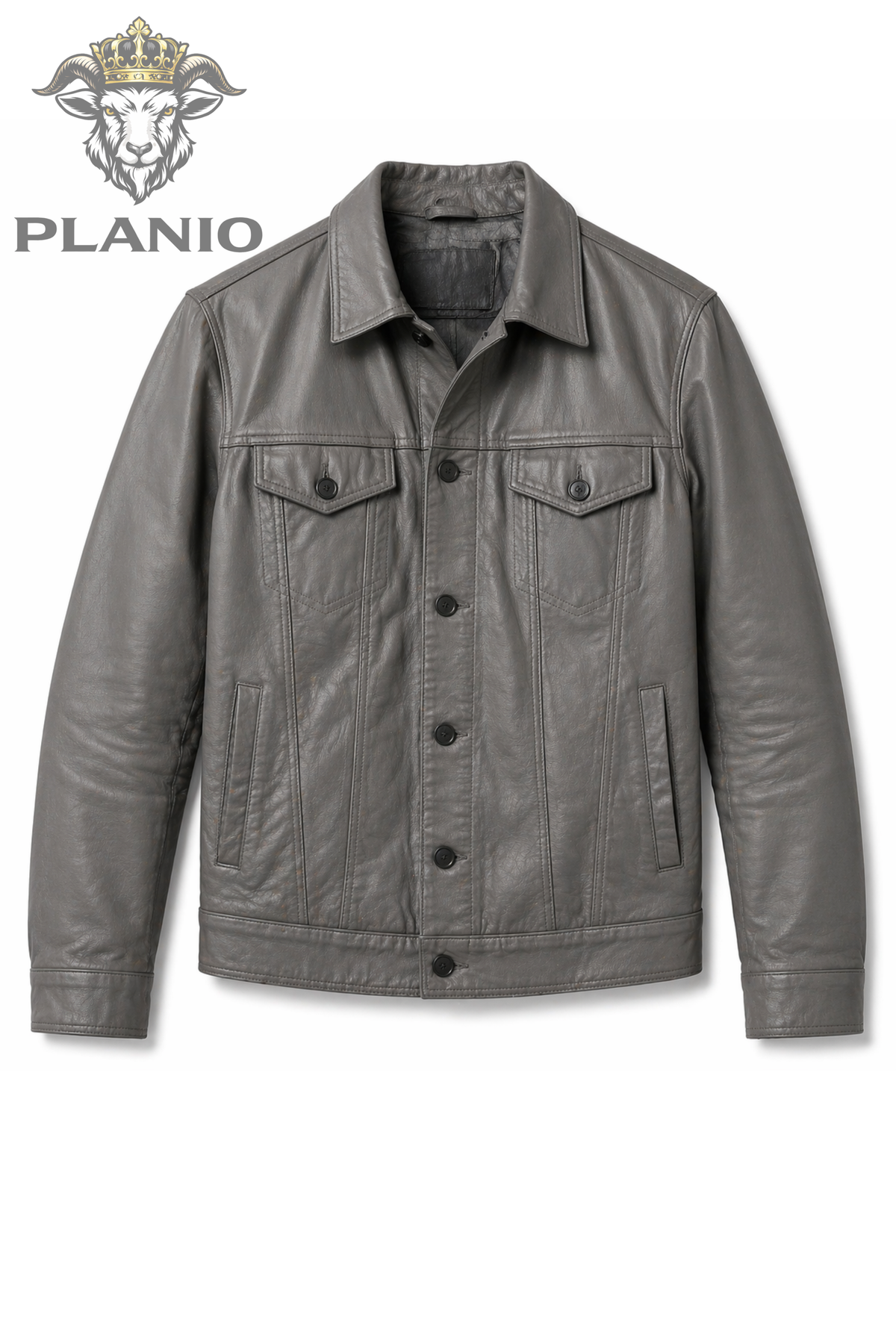 Men's Gray Leather Trucker Jacket, Slim Fit Button Front Jacket, Classic Leather Outerwear, Casual Streetwear Coat