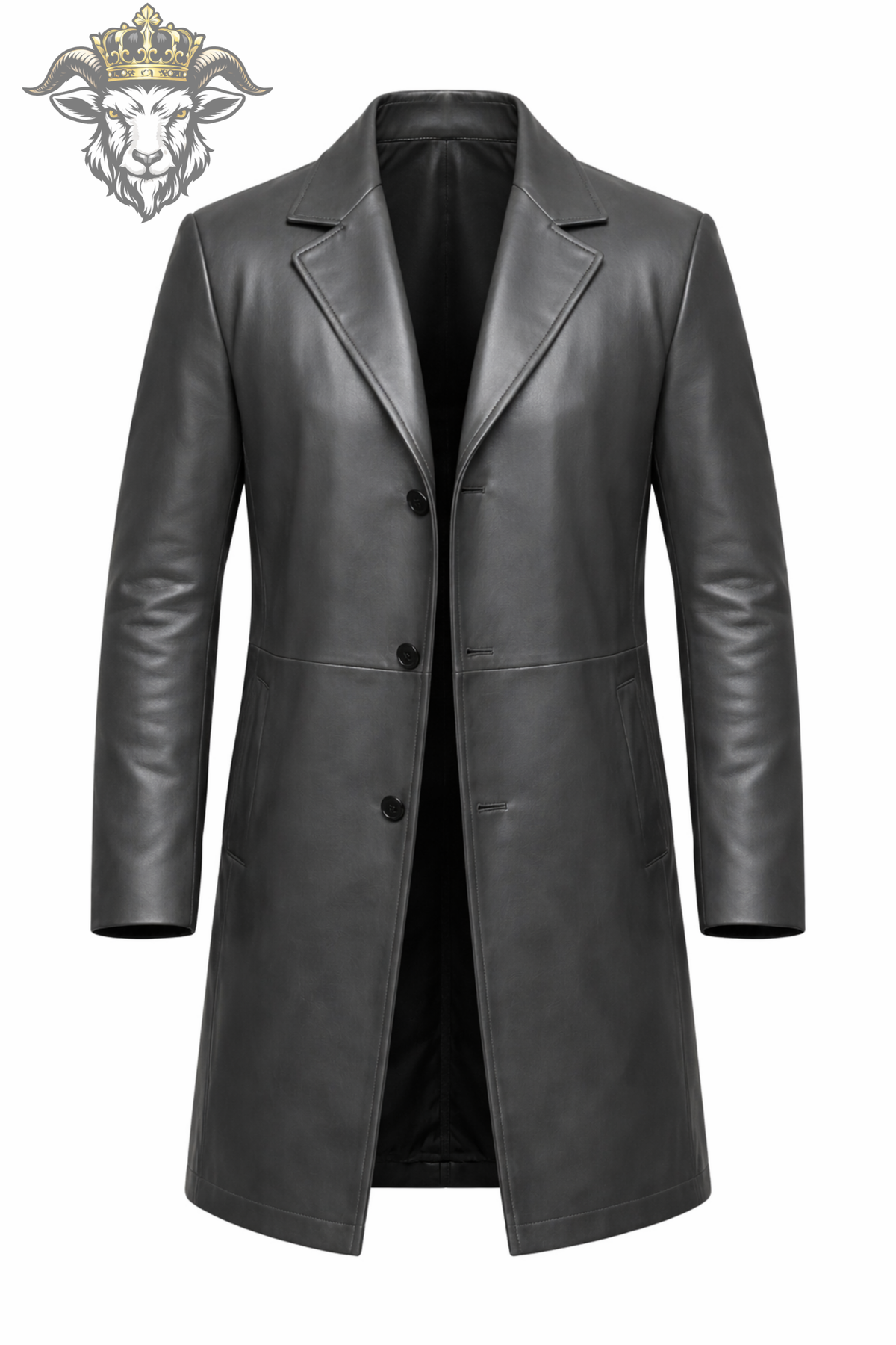 Men's Grey Leather Overcoat, Tailored Button Front Coat, Classic Lapel Long Jacket, Modern Minimalist Outerwear