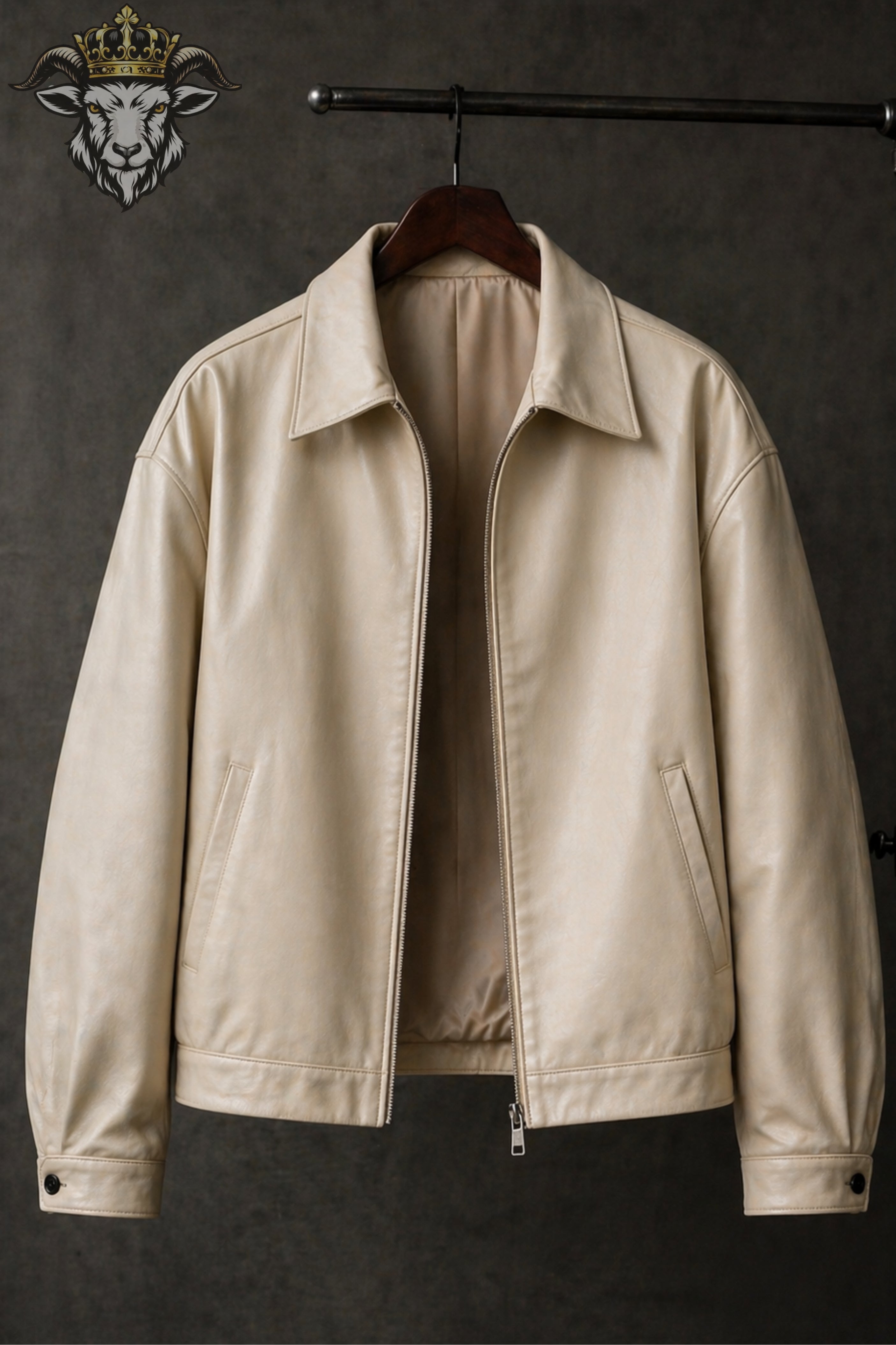 Cream Oversize Real Leather Bomber Jacket for Men