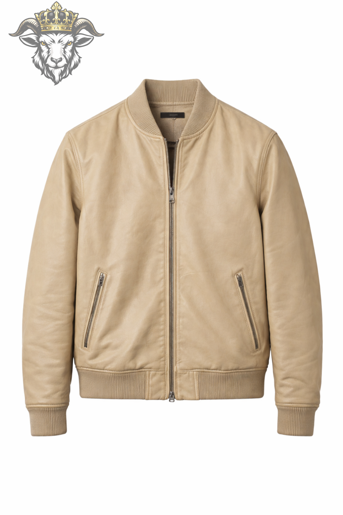 Beige Leather Bomber Jacket for Men, Slim Fit Neutral Jacket, Ribbed Collar Zip Up Outerwear, Minimalist Casual Streetwear