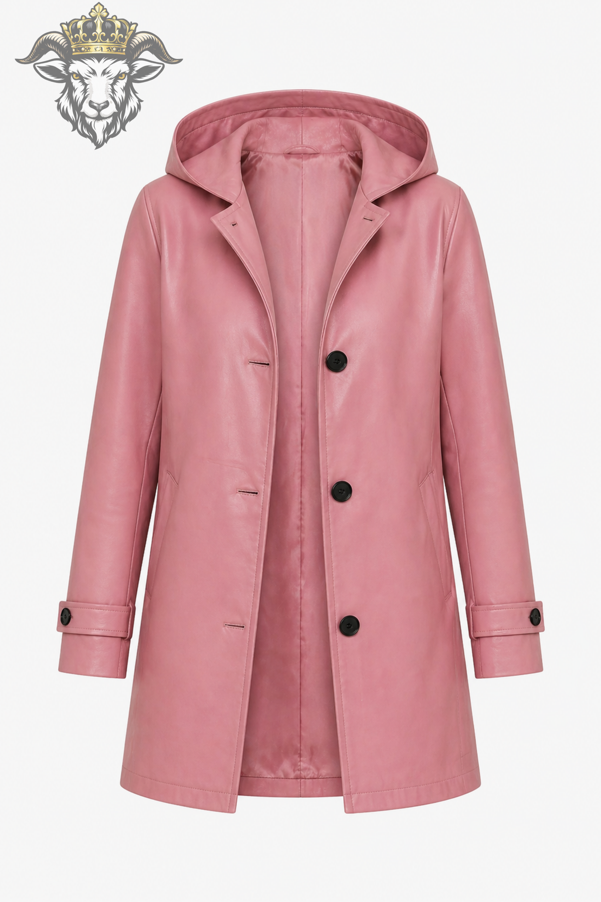 Women’s Pink Hooded Leather Coat, Stylish Faux Leather Trench Jacket, Modern Winter Outerwear, Button Front Hooded Coat, Chic Fall Jacket