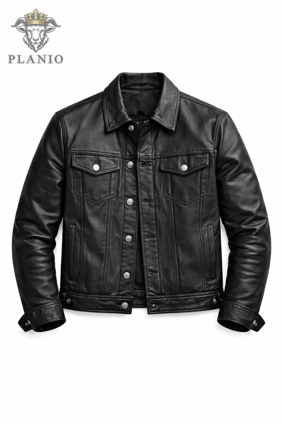 Men’s Black Leather Trucker Jacket – Classic Button Front Slim Fit Biker Style Coat