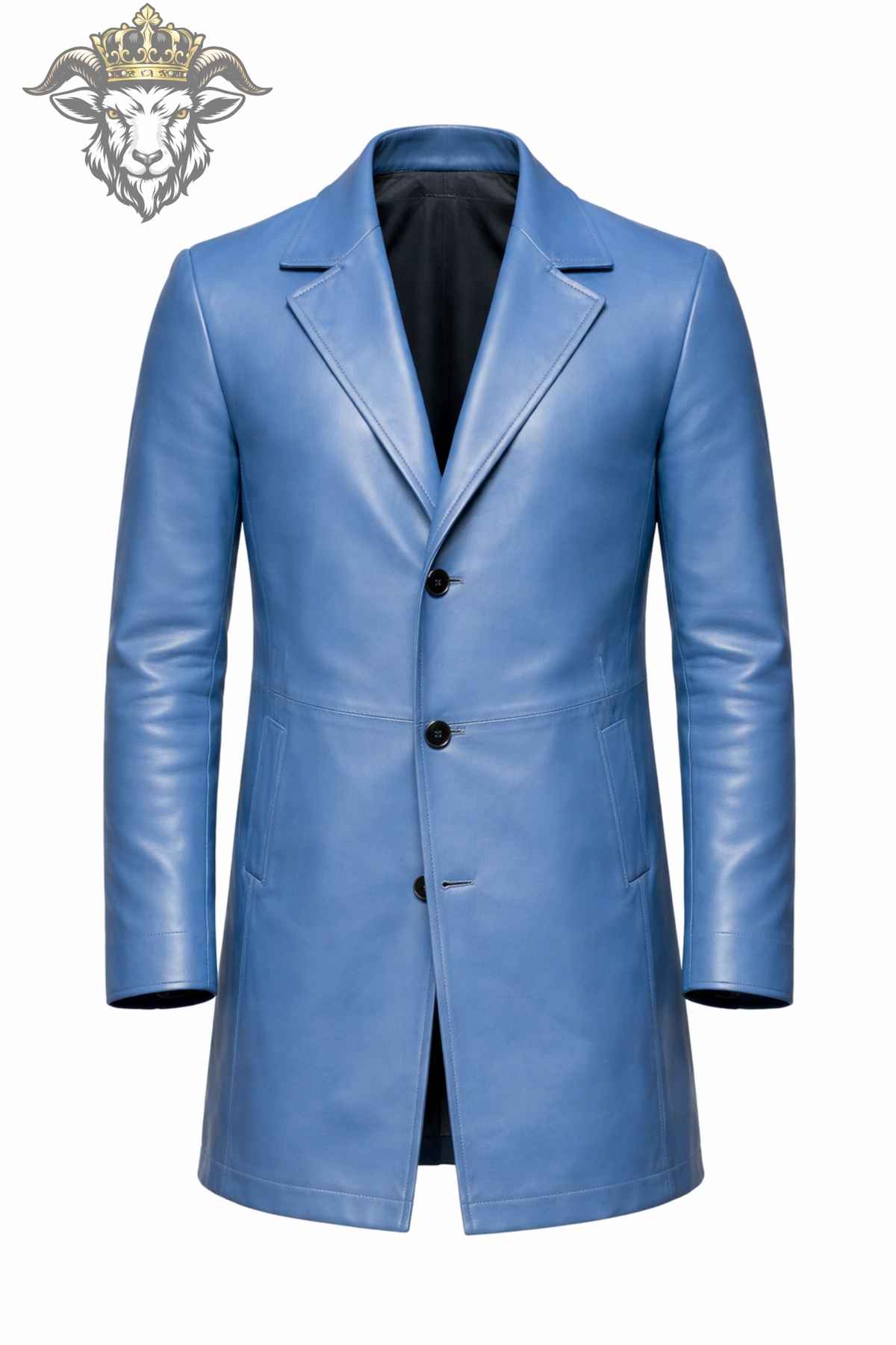 Men's Sky Blue Leather Overcoat, Slim Fit Long Coat, Notch Lapel Jacket, Three Button Front, Modern Designer Style Outerwear