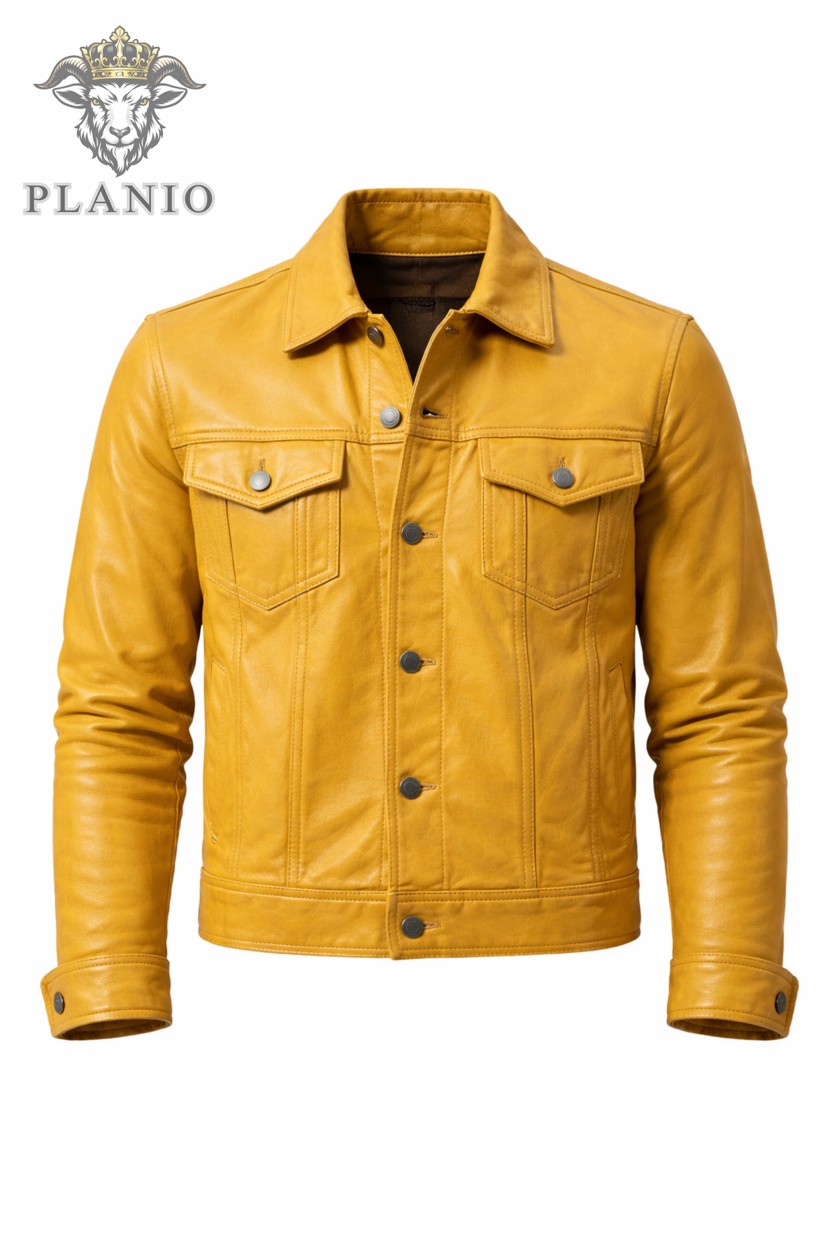 Men's Yellow Leather Trucker Jacket, Slim Fit Real Leather Jacket, Button Front Moto Style Coat, Vintage Casual Streetwear Jacket
