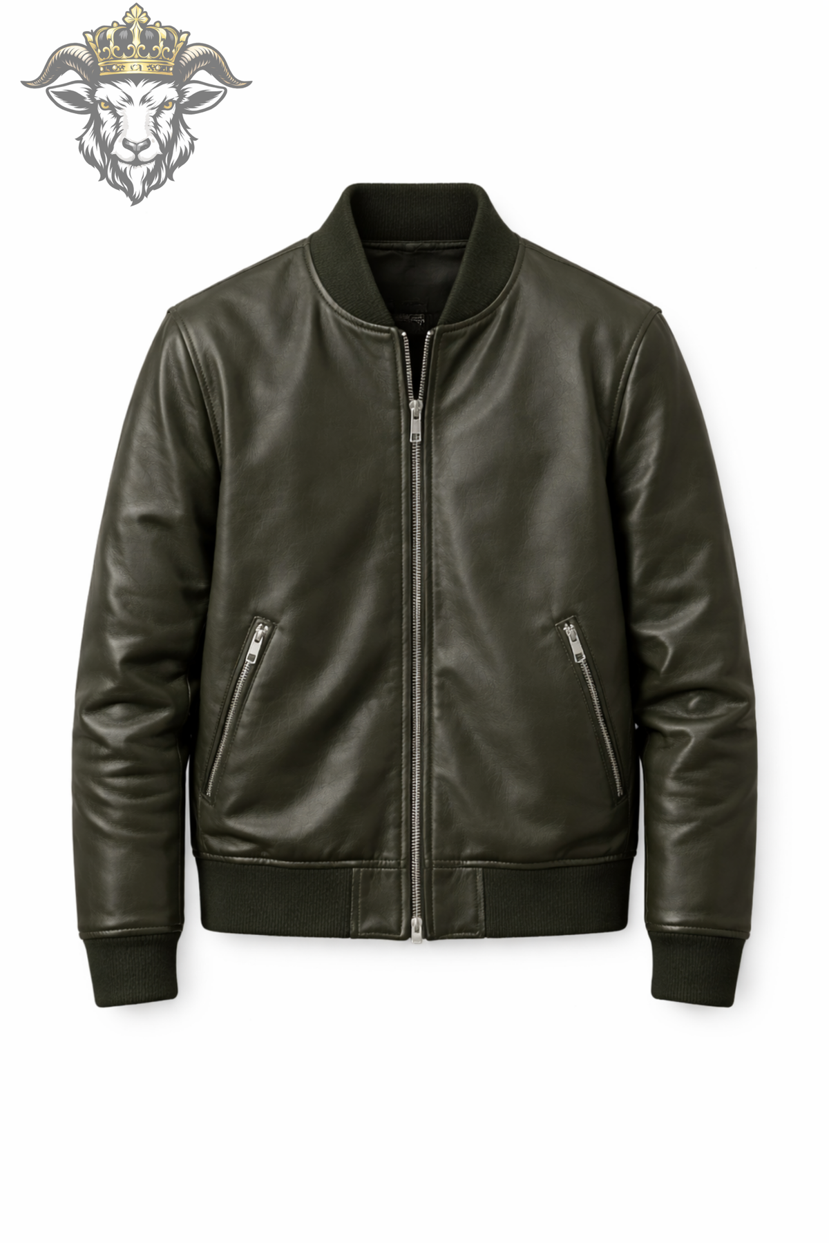 Men's Green Leather Bomber Jacket, Slim Fit Moto Jacket, Ribbed Collar Streetwear Jacket, Casual Zip-Up Leather Outerwear