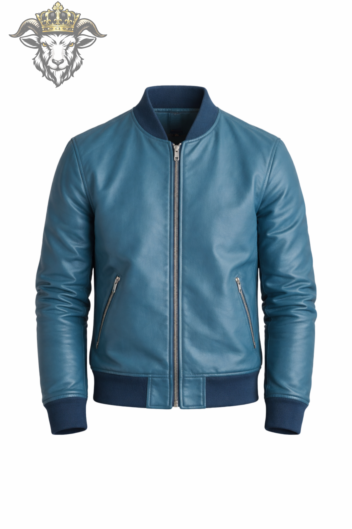 Men's Cyan Leather Bomber Jacket, Slim Fit Zip-Up Jacket, Ribbed Collar Streetwear Outerwear, Modern Casual Moto Jacket