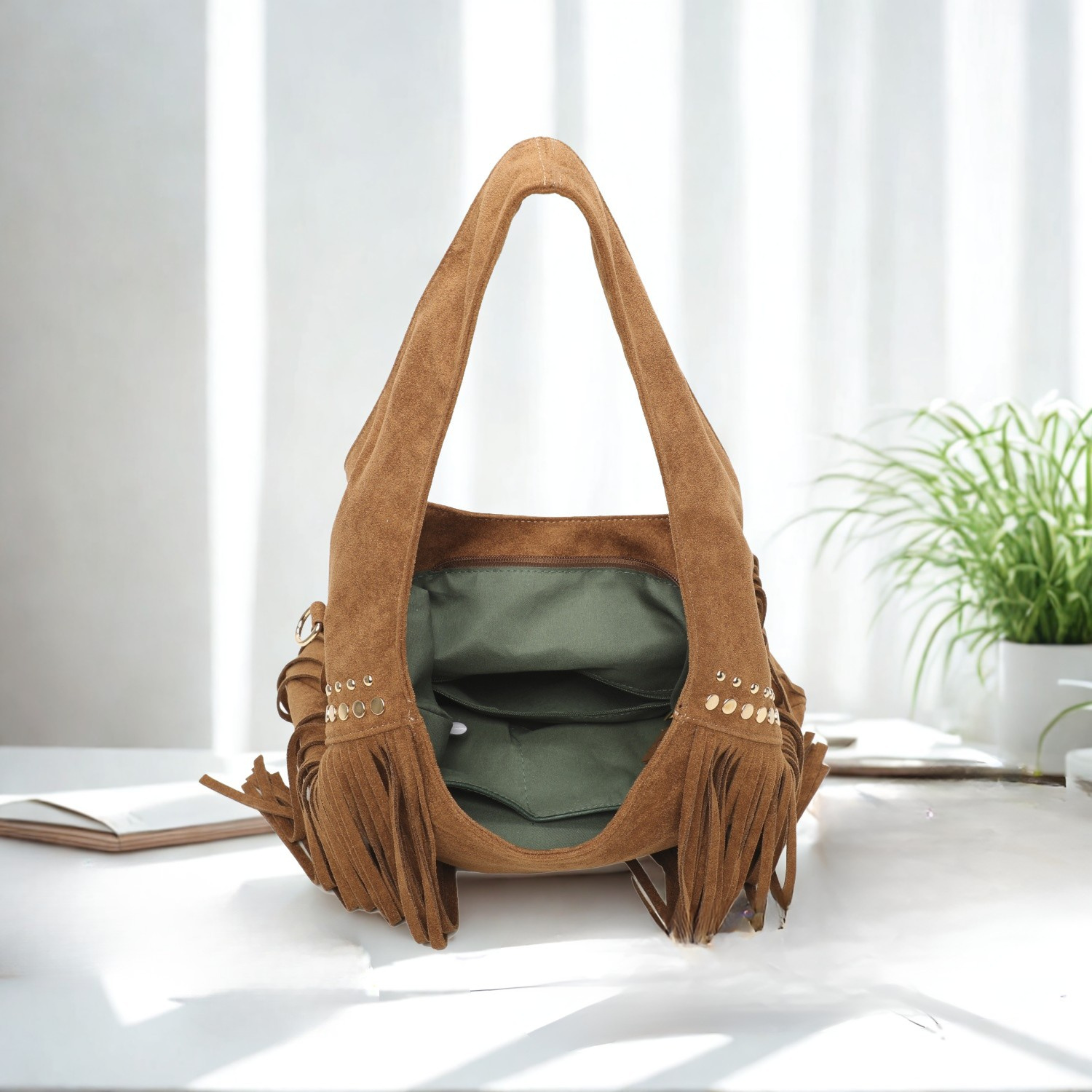 Women’s Suede Effect Fringe Hobo Shoulder Bag Tassel Studded Handbag with Strap