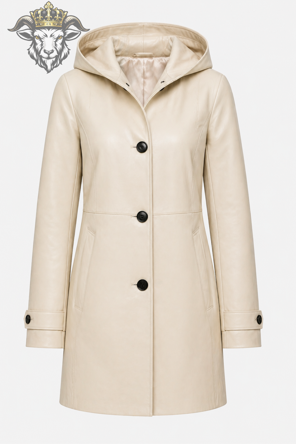 Women's Cream Leather Hooded Coat – Premium Matte Finish, Tailored A-Line Jacket with Black Buttons