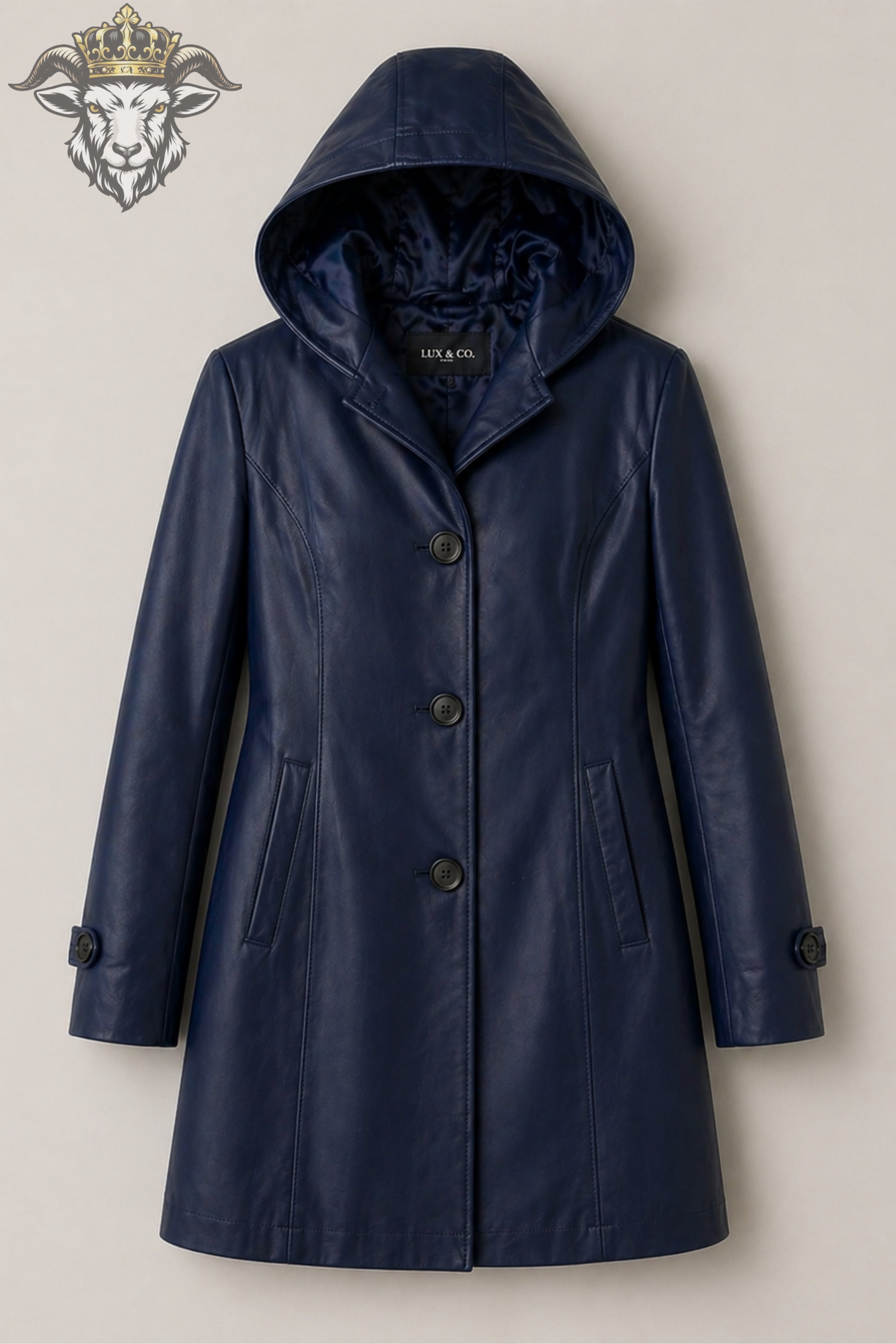 Women’s Navy Blue Real Leather Hooded Coat