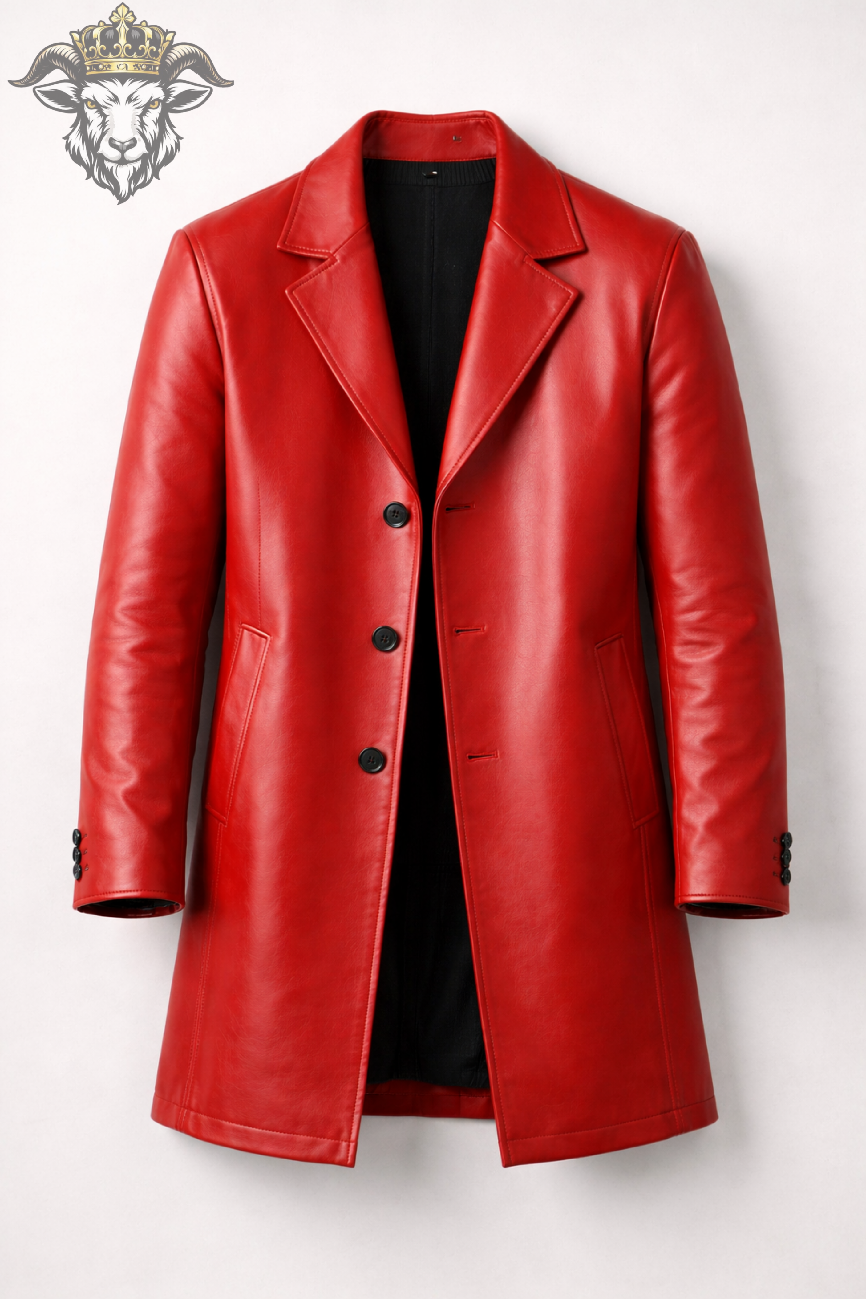 Men’s Red Real Leather Coat – Mid-Thigh Length Premium Matte Leather Jacket with Wide Lapel & Tailored Fit