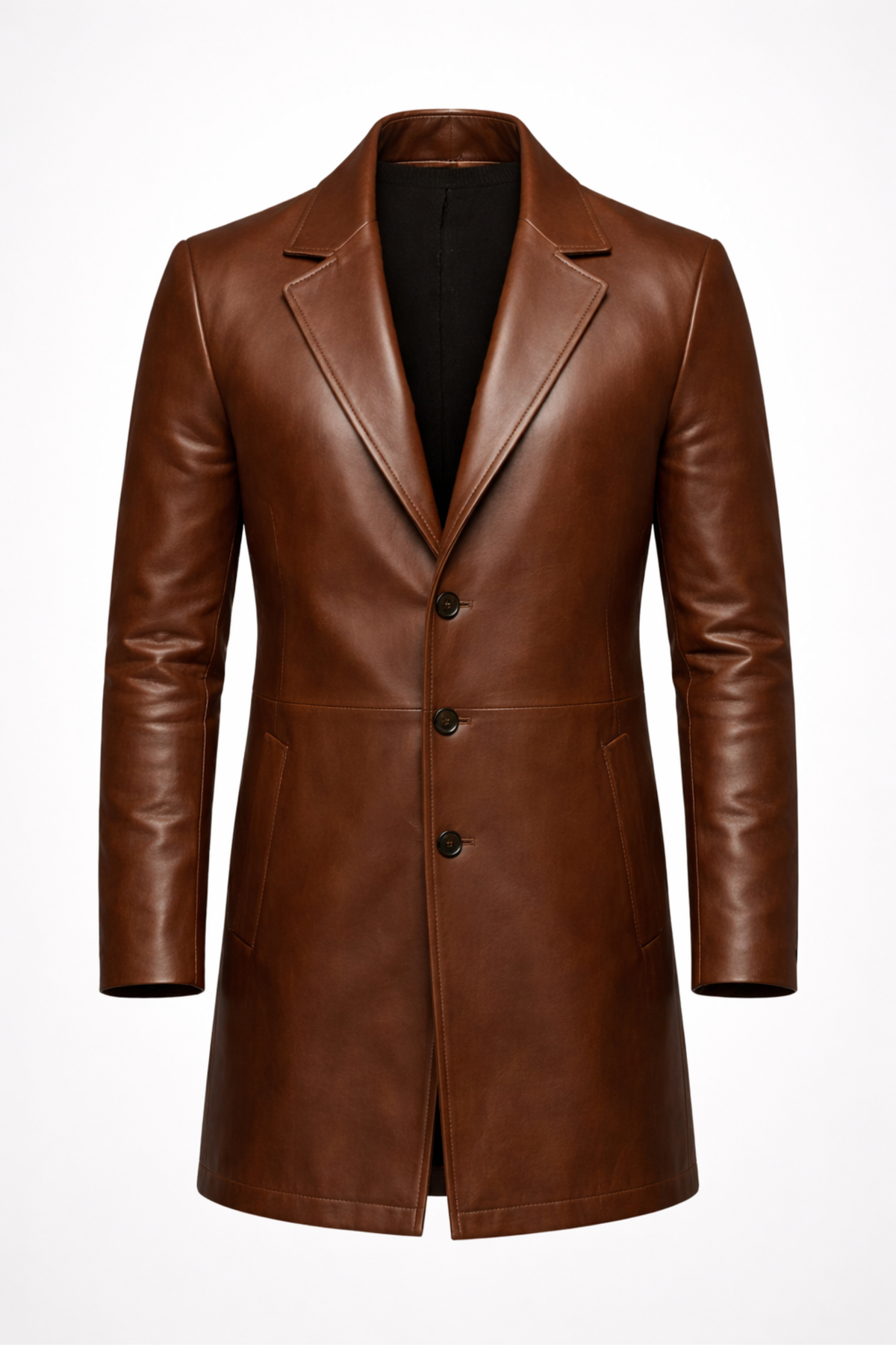 Men's Brown Leather Overcoat, Slim Fit 3 Button Coat, Mid Length Tailored Jacket, Classic Lapel Men's Outerwear
