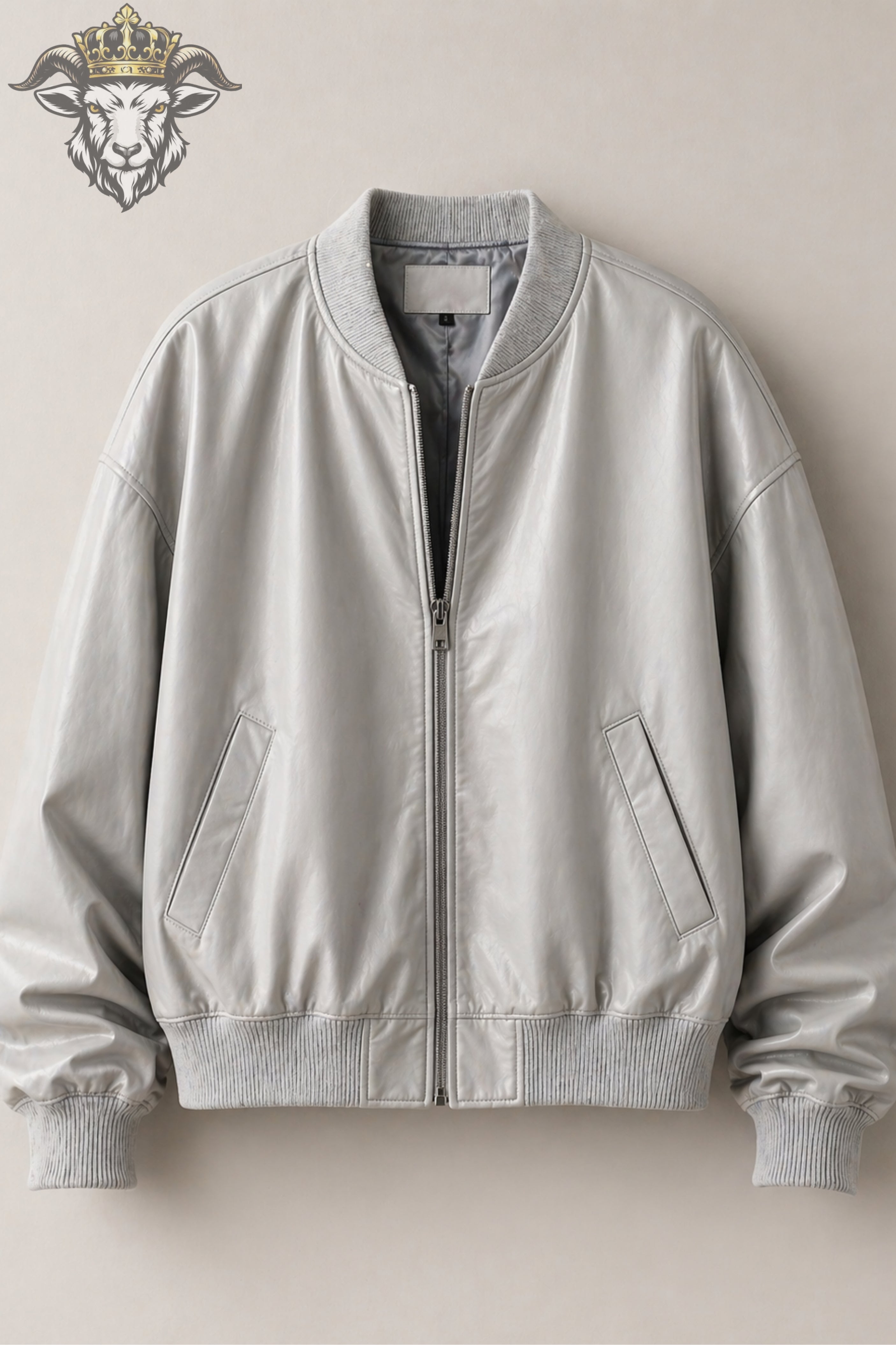 Women’s Light Grey Oversize Real Leather Bomber Jacket