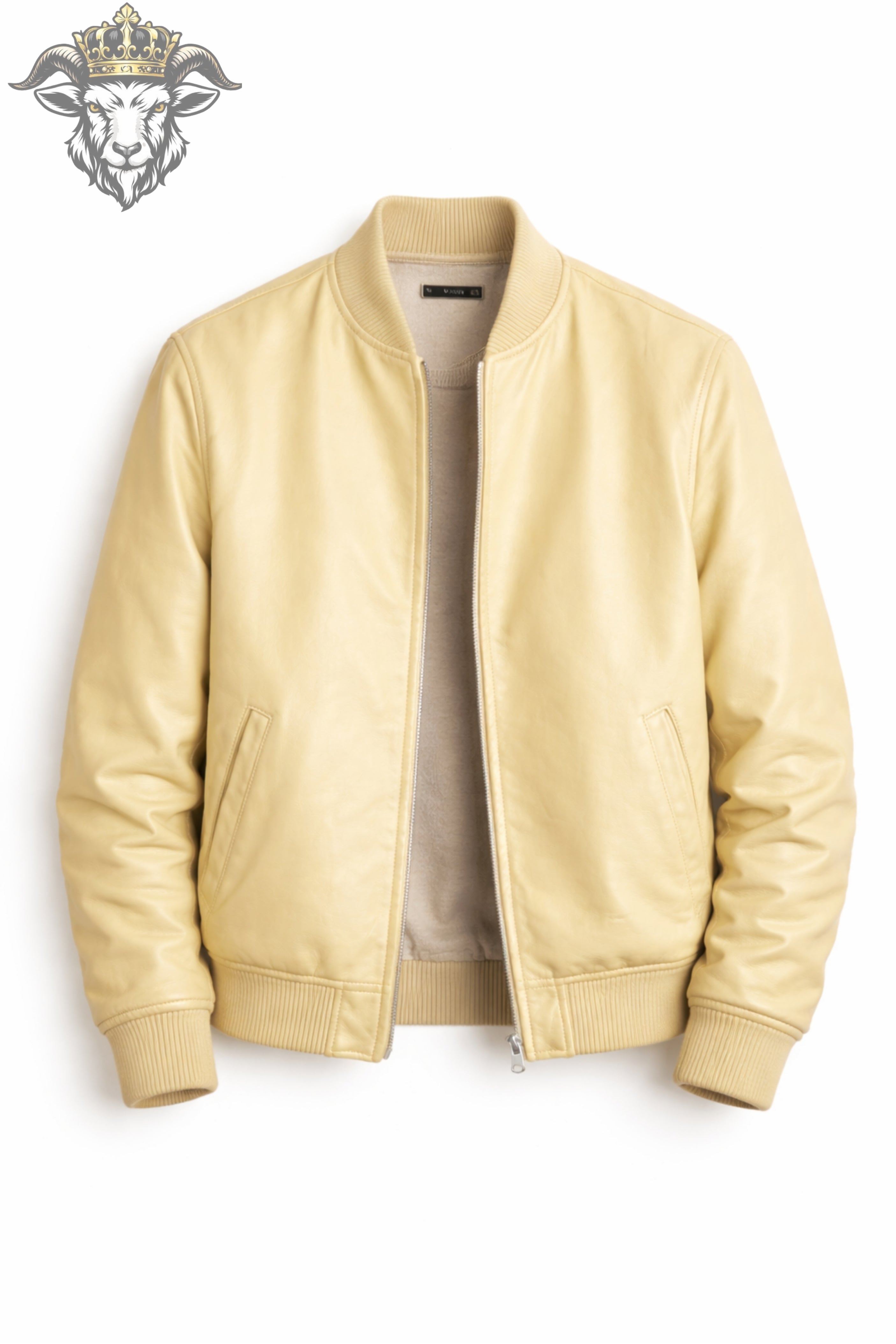 Pale Yellow Real Leather Bomber Jacket for Men