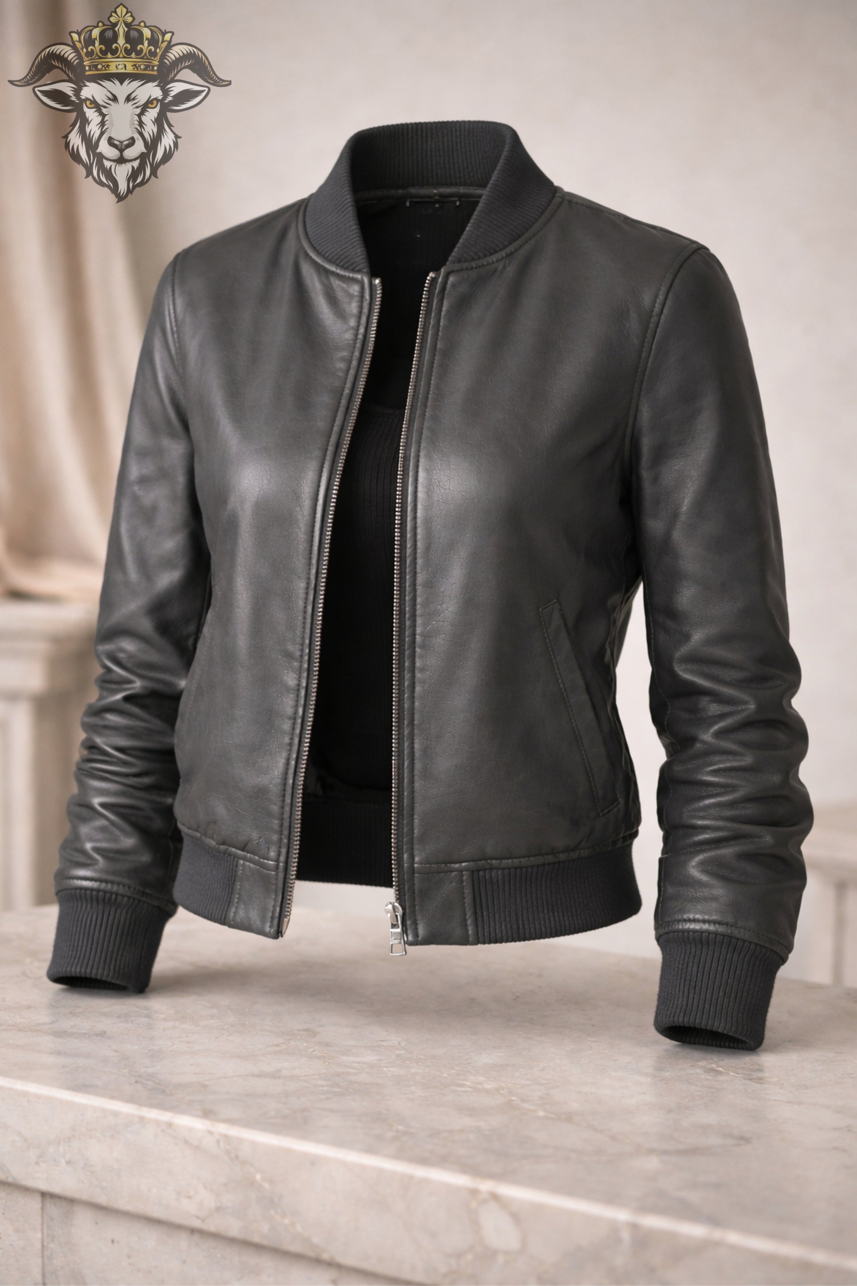 Women’s Grey Real Leather Bomber Jacket