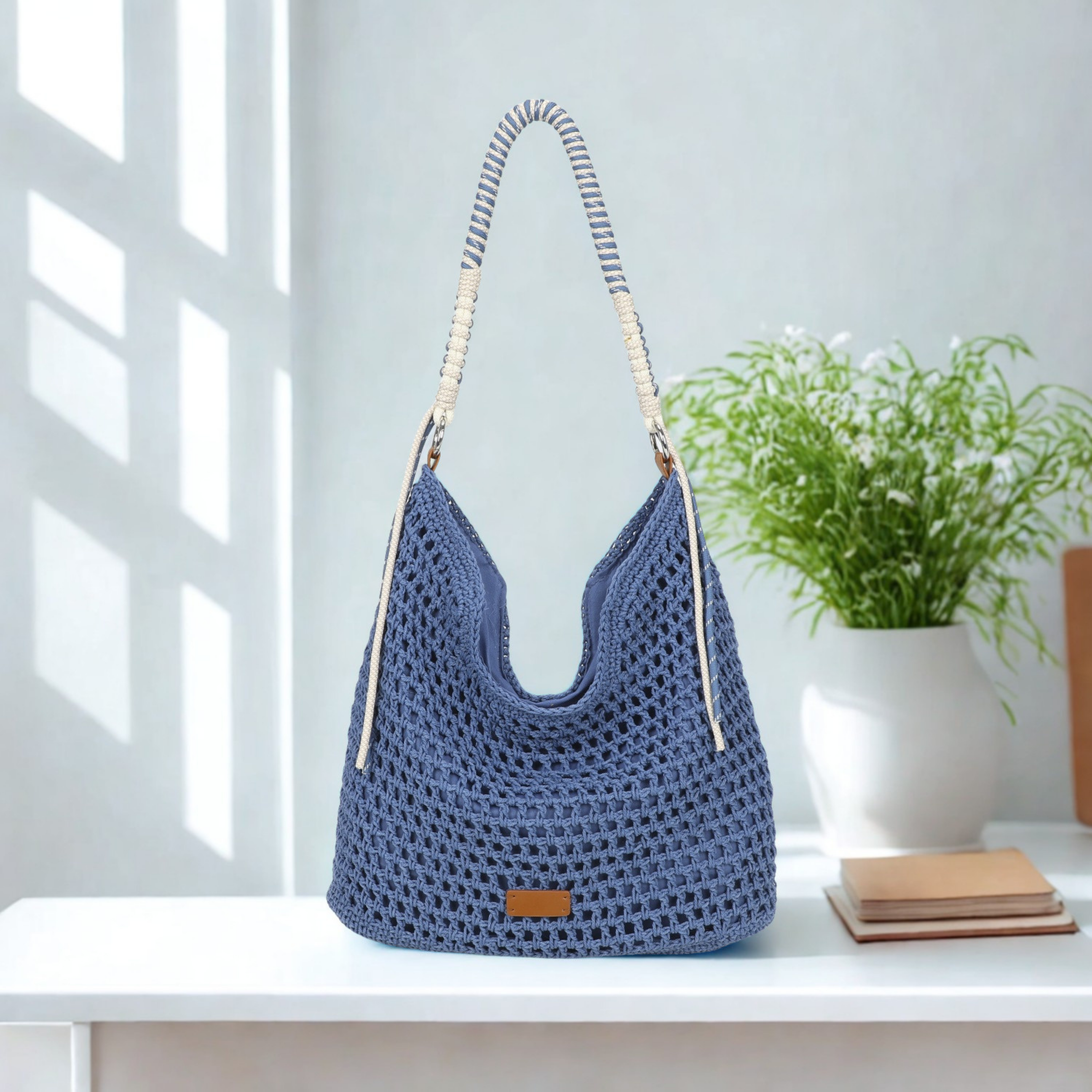 Women’s Crochet Hobo Shoulder Bag Synthetic Handmade Braided Strap Zip Handbag