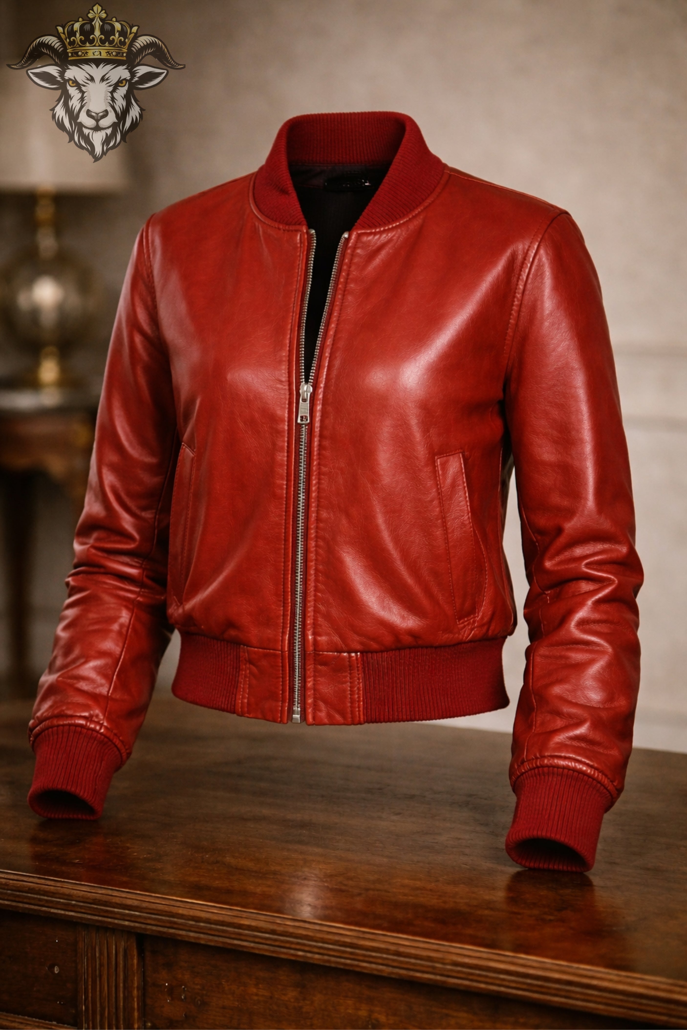 Women’s Red Leather Bomber Jacket