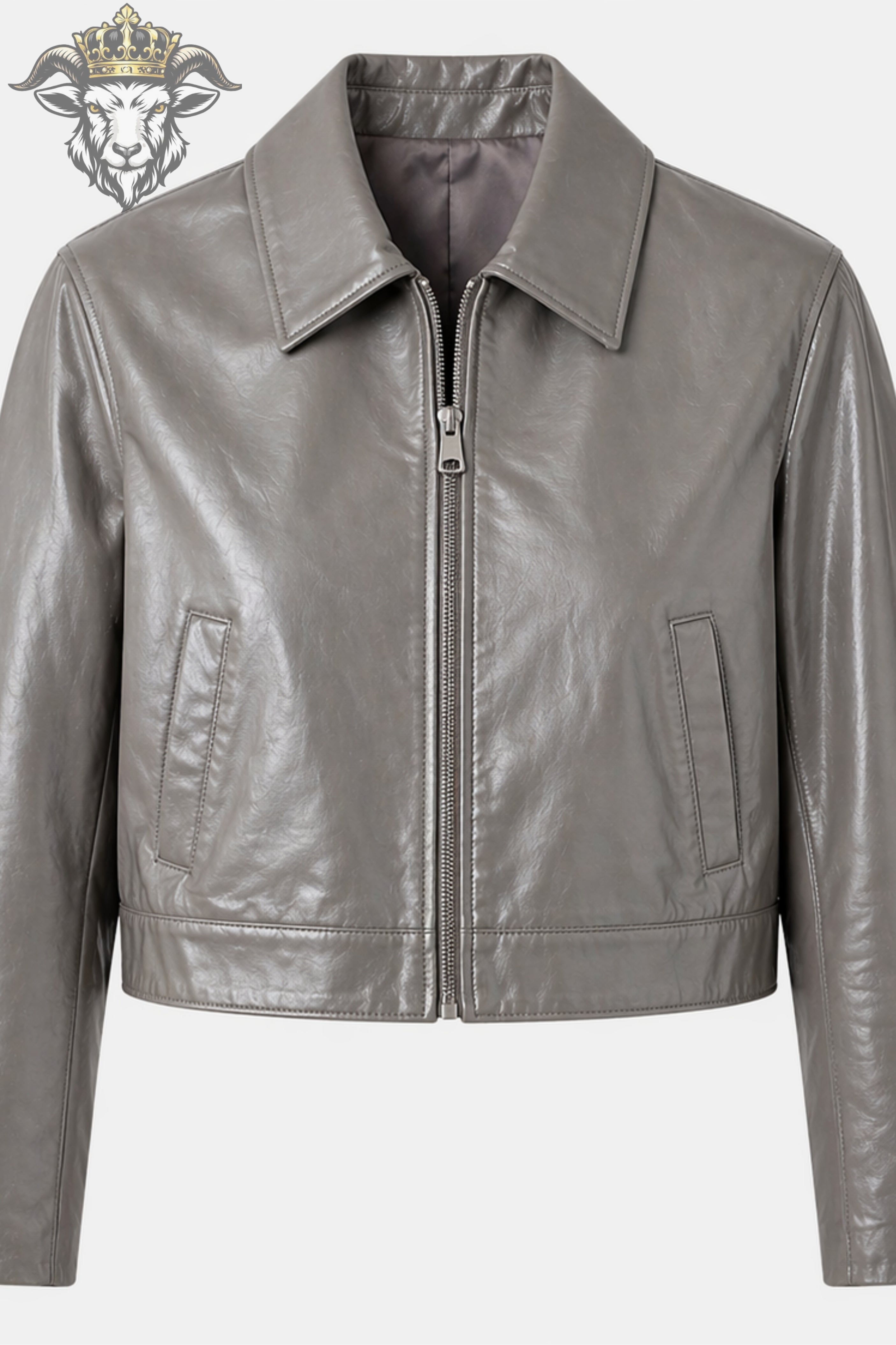 Women’s Light Grey Real Leather Cropped Jacket