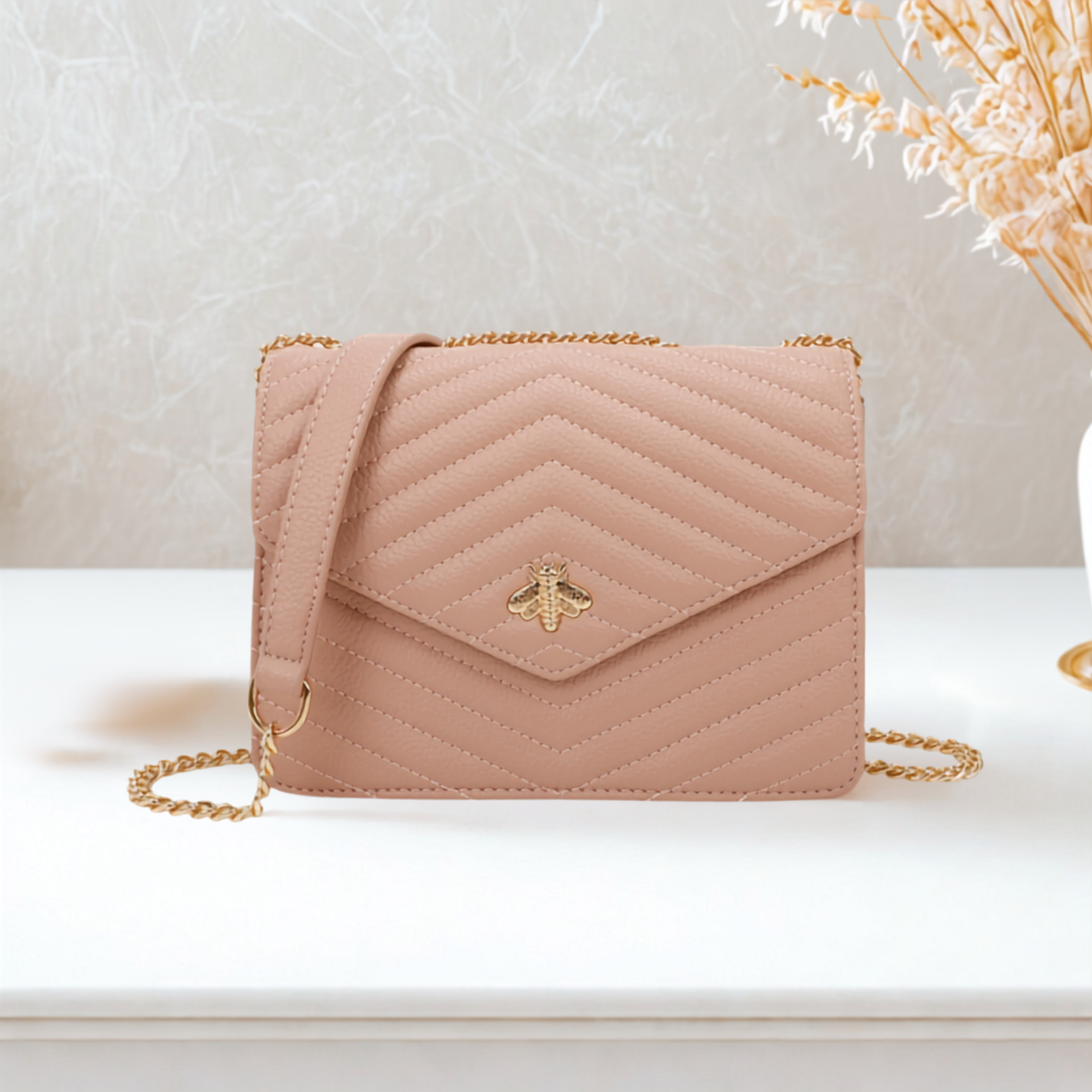 Women’s Quilted Crossbody Bag with Gold Bee Detail – Flap Over Shoulder Handbag with Half Chain Strap
