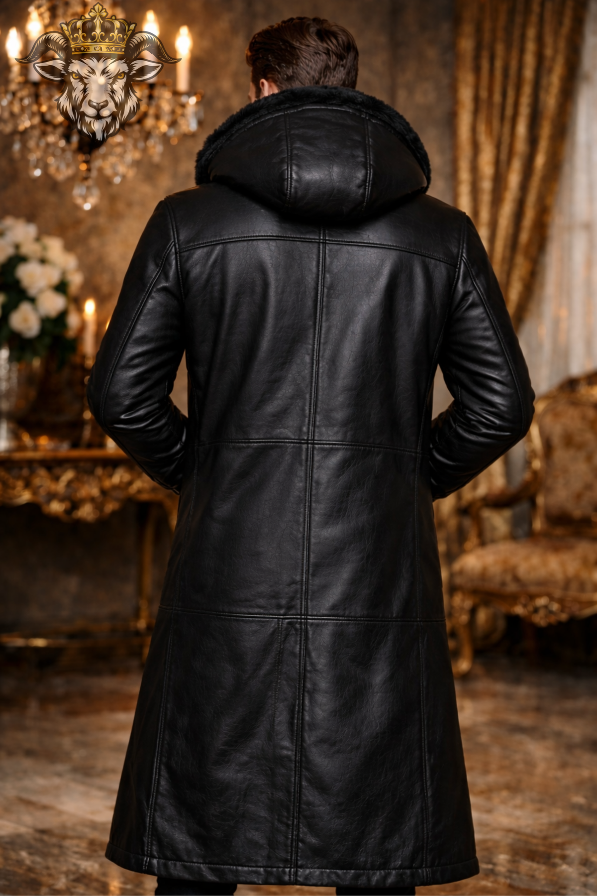 Men's Black Real Leather Hooded Long Coat, Fur Lined Winter Coat, Below Knee Button Closure Luxury Leather Trench Coat, Warm Outerwear Jacket