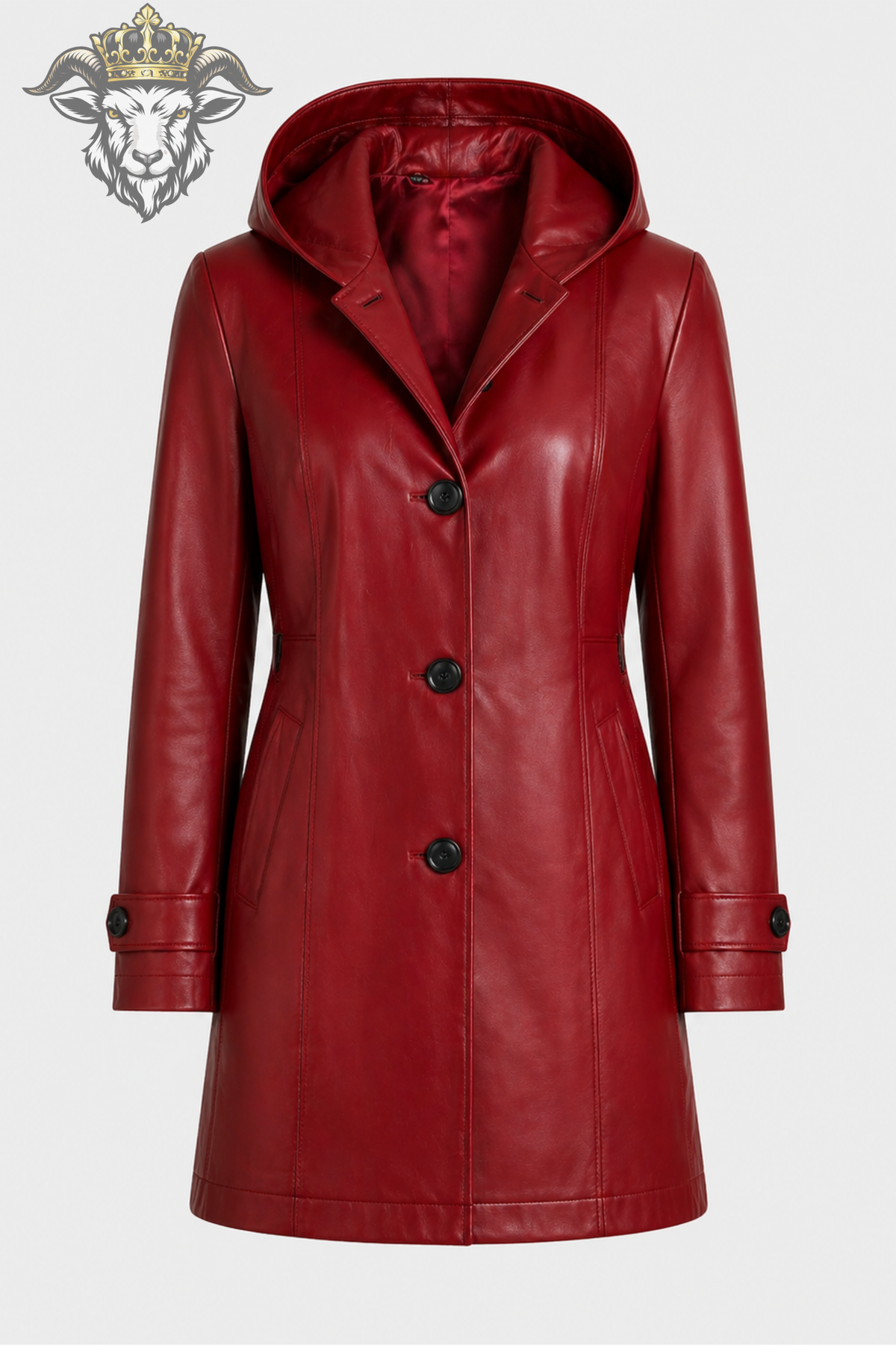 Women's Burgundy Leather Hooded Coat – Premium Tailored Long Jacket with Black Buttons