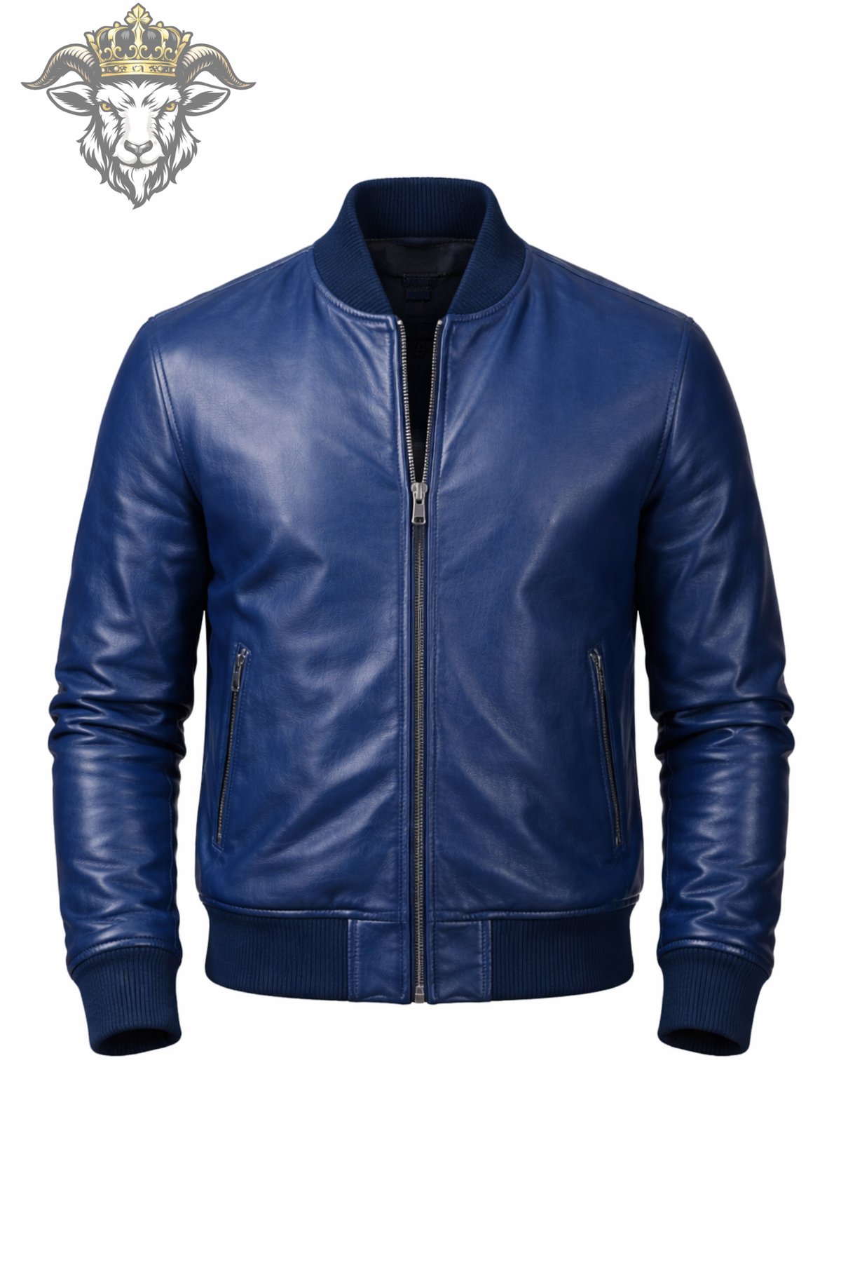 Men's Navy Blue Leather Bomber Jacket, Ribbed Collar Zip Up Jacket, Classic Flight Style Outerwear, Modern Casual Men's Fashion