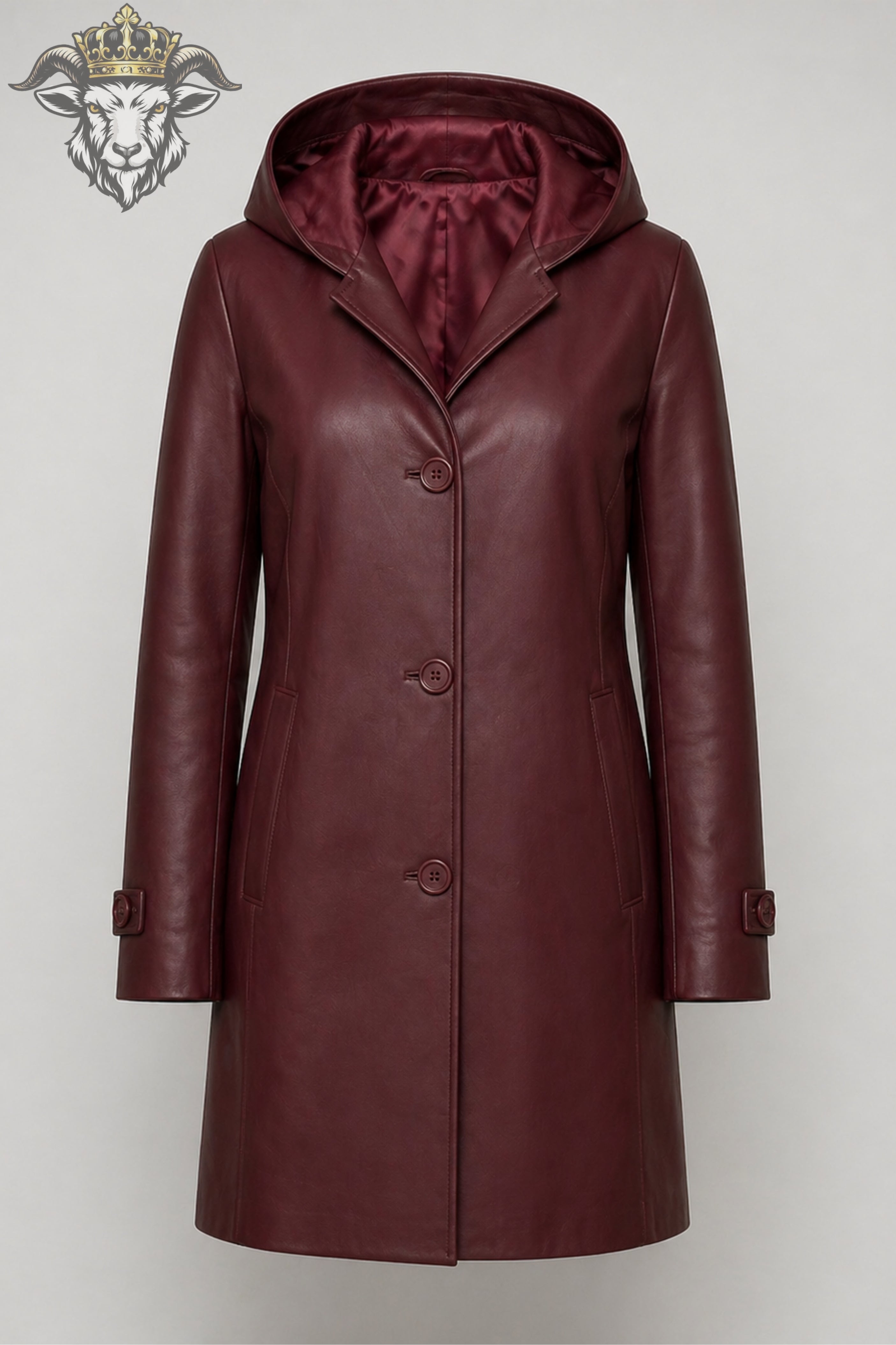 Women’s Burgundy Real Leather Hooded Coat