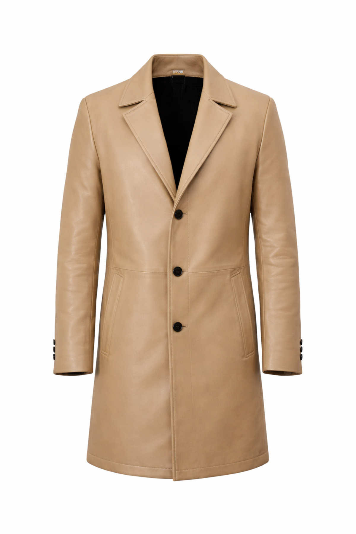 Men's Beige Real Leather Overcoat, Slim Fit Mid-Thigh Coat, Tailored Lapel Jacket, Minimal Classic Leather Outerwear