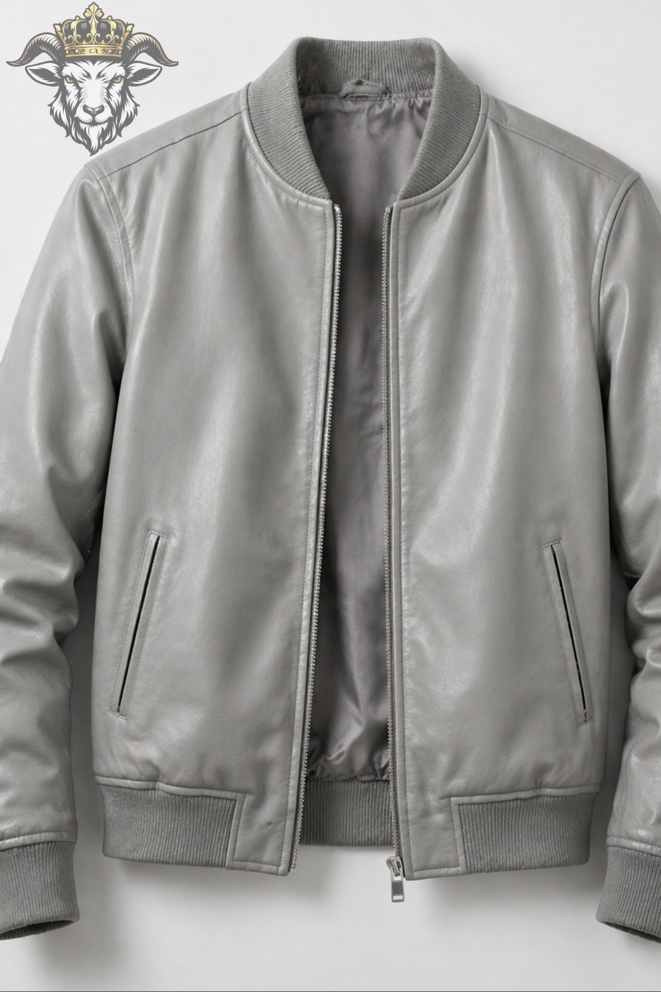 Men’s Light Grey Real Leather Bomber Jacket