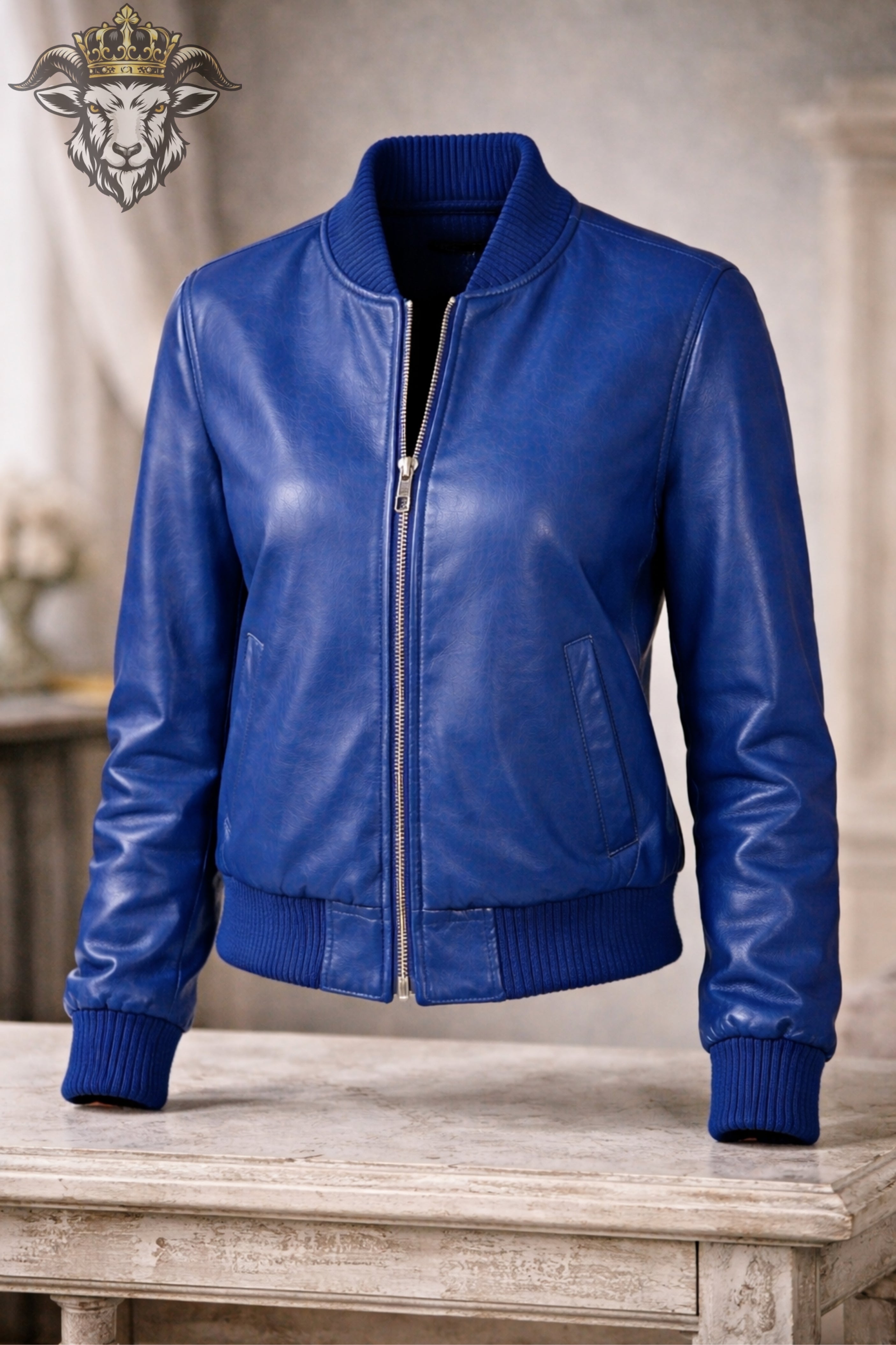 Women’s Royal Blue Real Leather Bomber Jacket