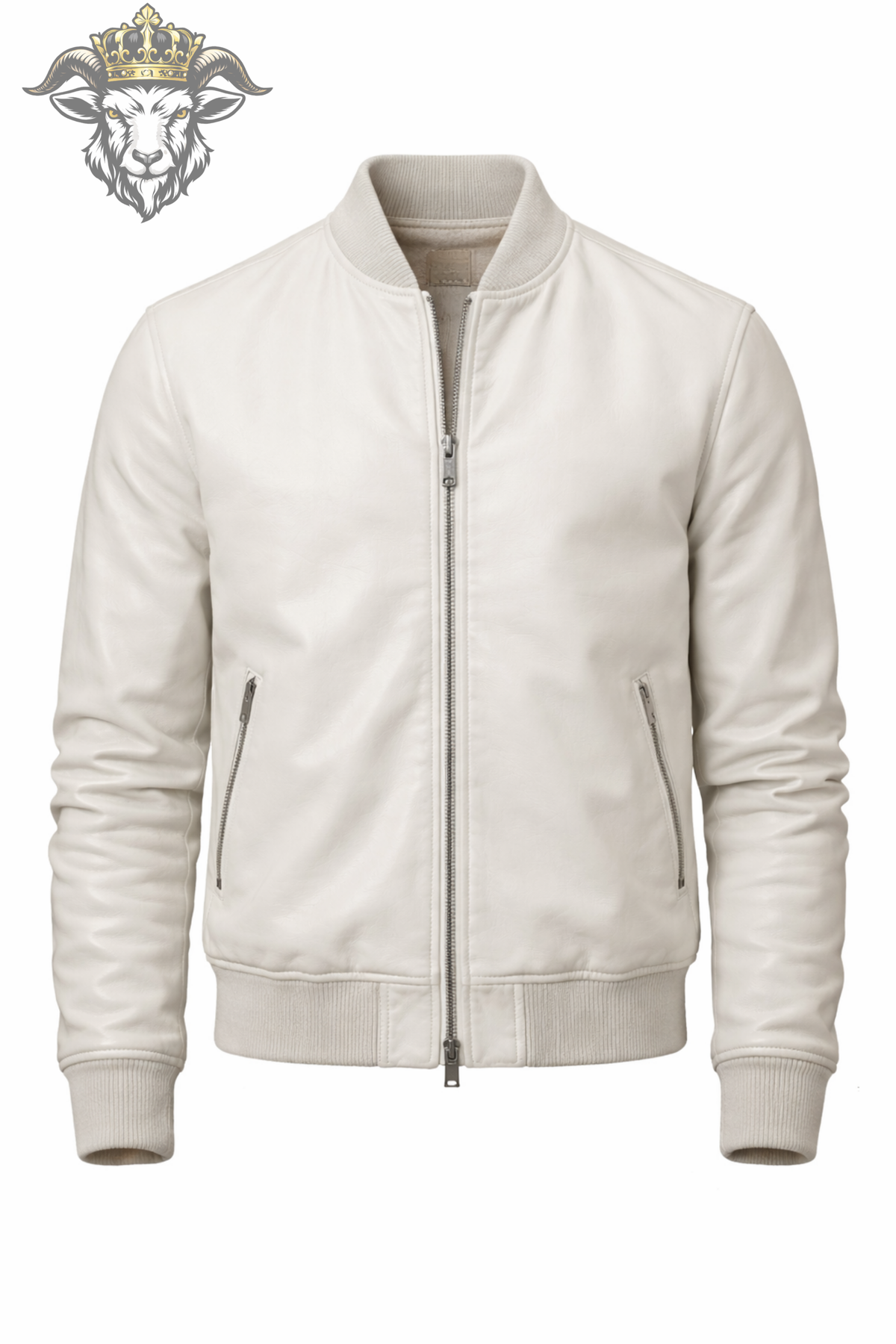 Men's White Leather Bomber Jacket, Minimalist Ribbed Zip Up Jacket, Modern Casual Streetwear Outerwear