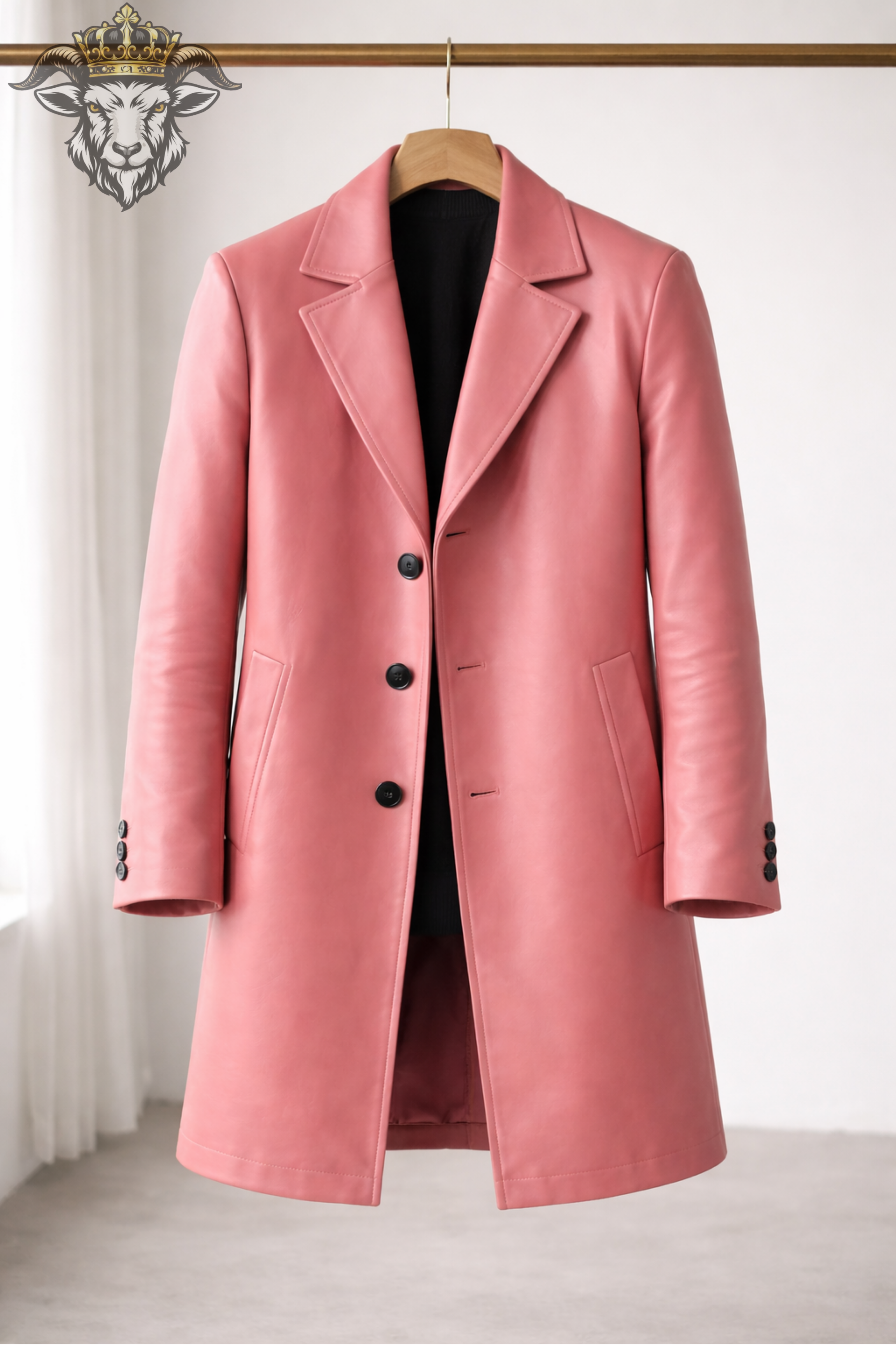 Men’s Pink Real Leather Coat – Mid-Thigh Premium Leather Overcoat | Slim Fit Stylish Designer Jacket for Men