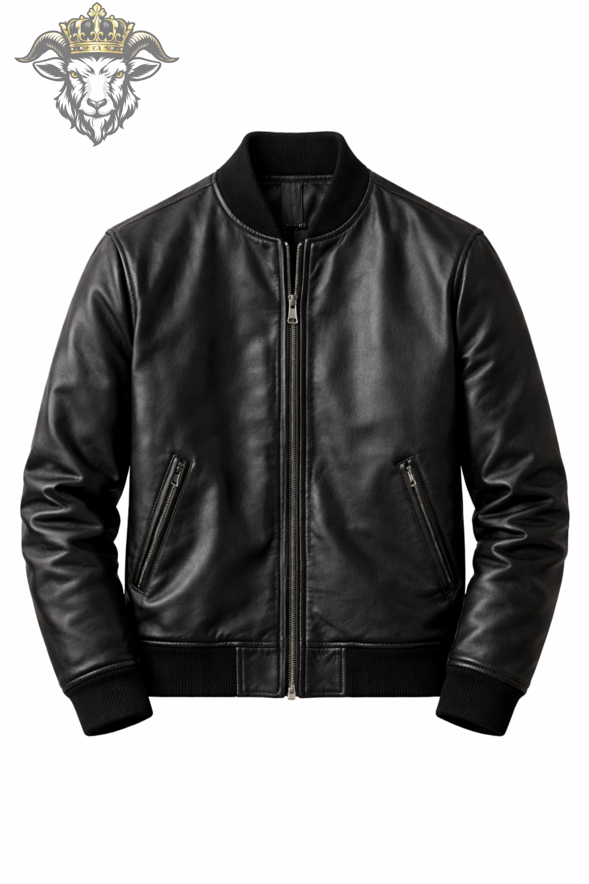 Men’s Black Leather Bomber Jacket | Classic Zip-Up Jacket | Ribbed Collar Outerwear | Modern Urban Streetwear